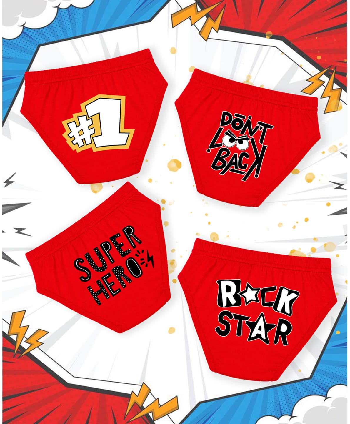 NUSYL 100% Cotton Knit Pack Of 4 Super Hero & Rockstar Text Printed Briefs - Red-picture-47