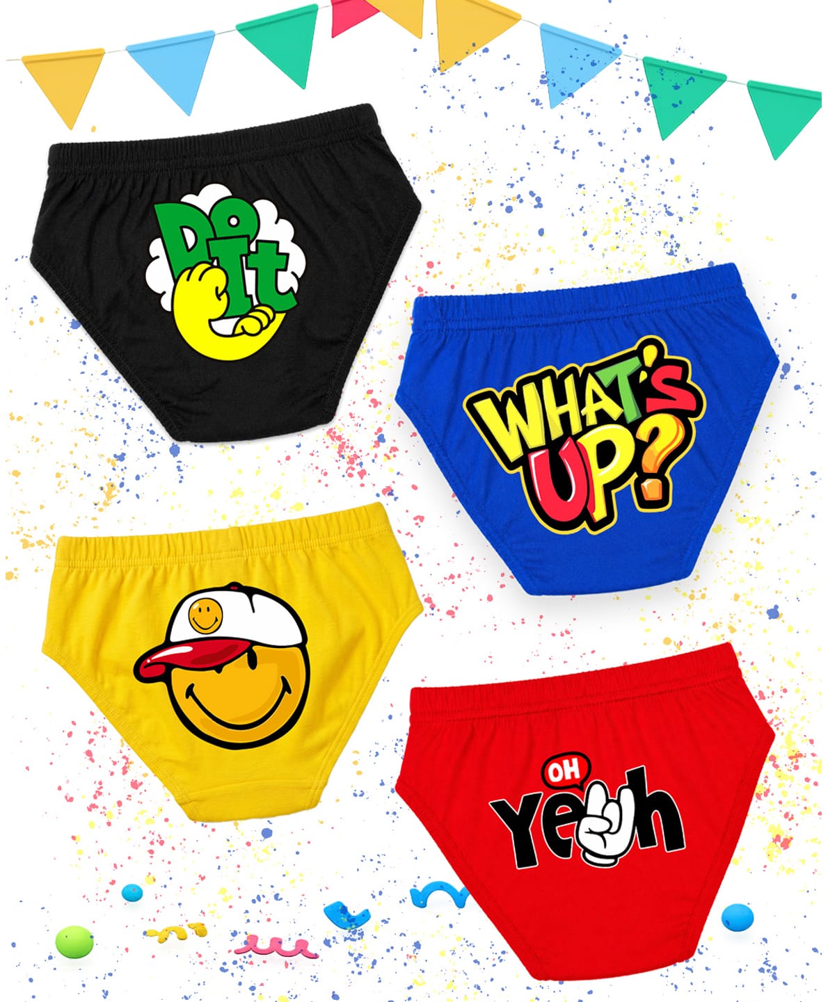 NUSYL 100% Cotton Knit Pack Of 4 Smiley & Do It Text Printed Briefs - Black Royal Blue Red & Yellow-image-28