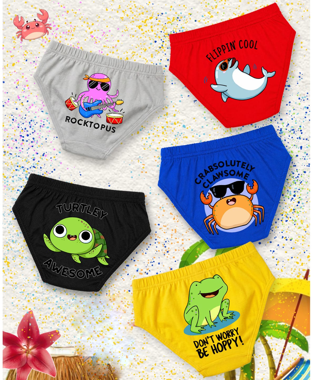 NUSYL 100% Cotton Knit Pack Of 5 Frog & Turtle Printed Briefs - Black Royal Blue Red Yellow & Grey-image-25