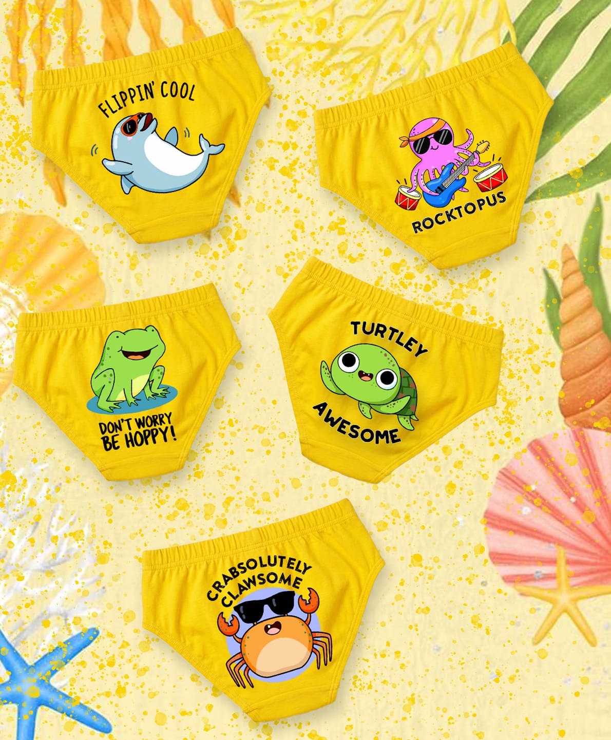 NUSYL 100% Cotton Knit Pack Of 5 Frog & Turtle Printed Briefs - Yellow-picture-16