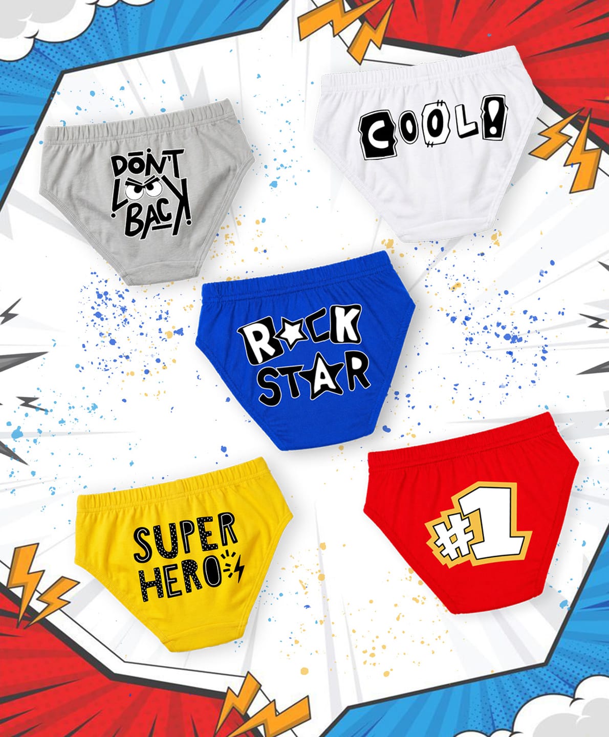 NUSYL 100% Cotton Knit Pack Of 5 Rockstar & Super Hero Text Printed Briefs - White Royal Blue Red Yellow & Grey-picture-3