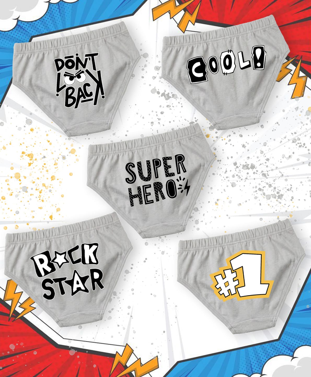 NUSYL 100% Cotton Knit Pack Of 5 Rockstar & Super Hero Text Printed Briefs -Grey-picture-5