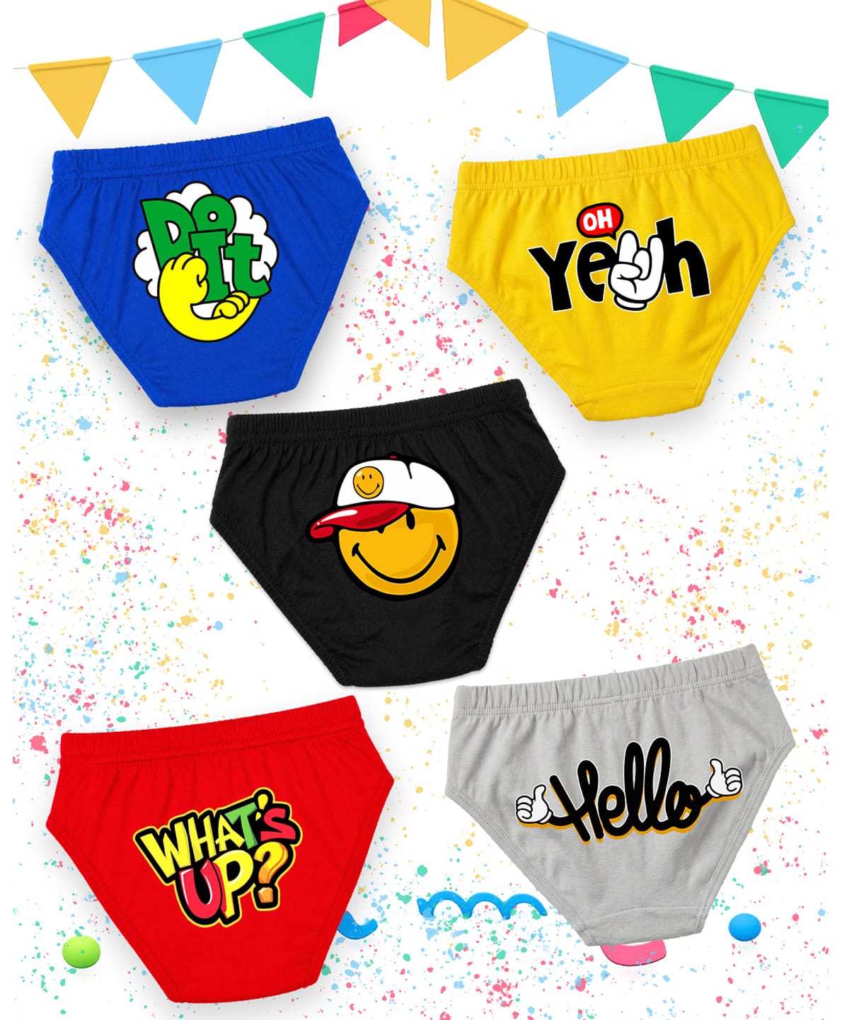 NUSYL 100% Cotton Knit Pack Of 5 Smiley & Hello Text Printed Briefs - Black Royal Blue Red Yellow & Grey-picture-17
