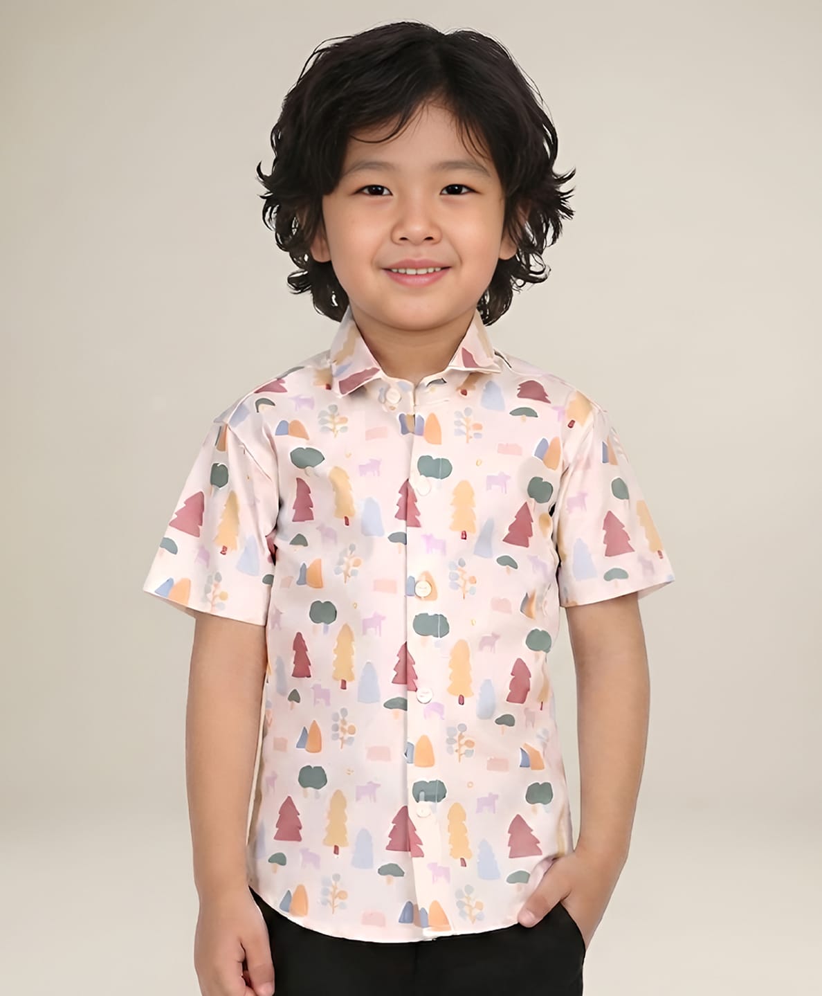 Polka Tots Cotton Woven Half Sleeves Trees Printed Shirt - Light Peach-picture-14