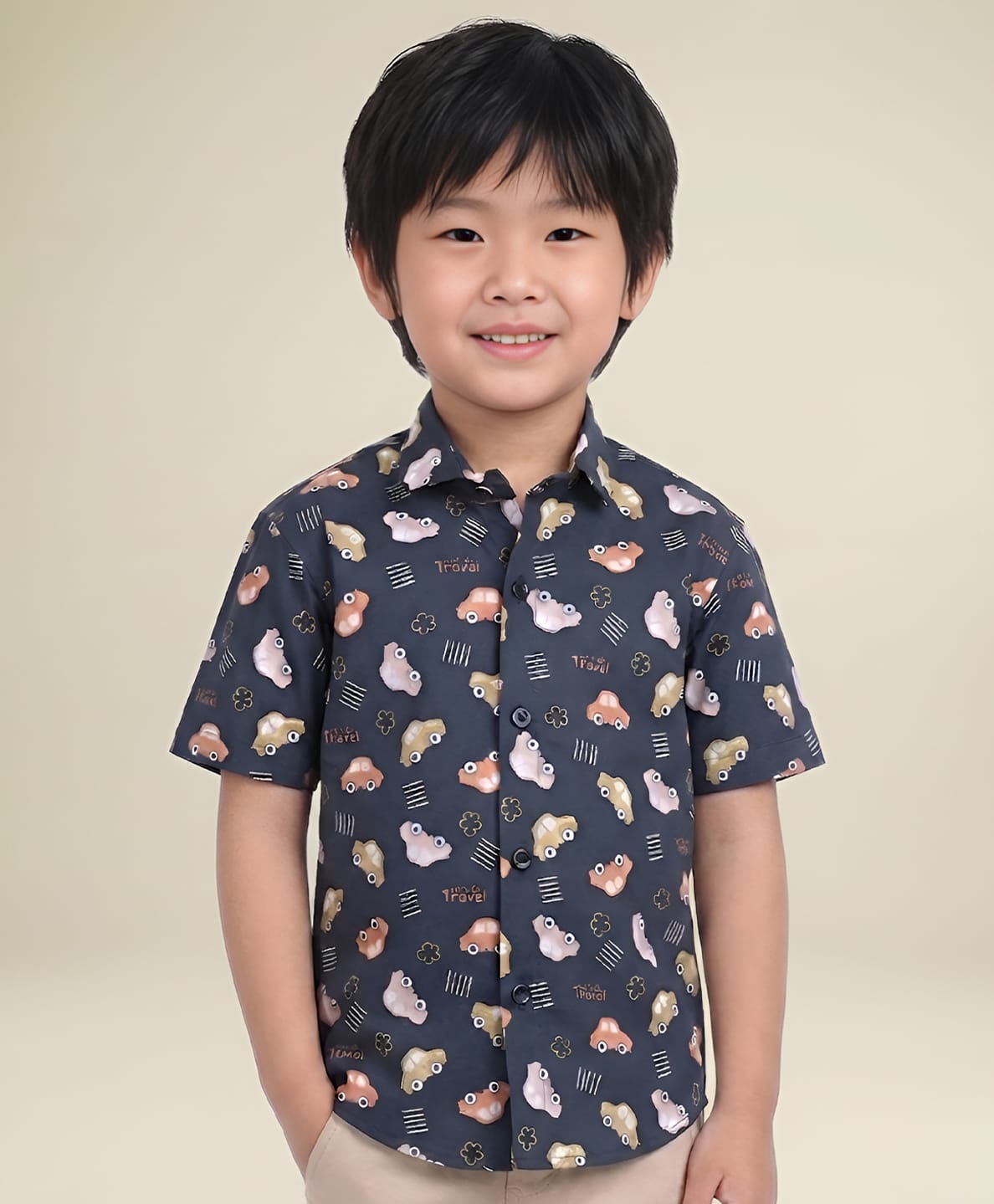 Polka Tots Cotton Woven Half Sleeves Cars Printed Shirt - Navy Blue-image-10
