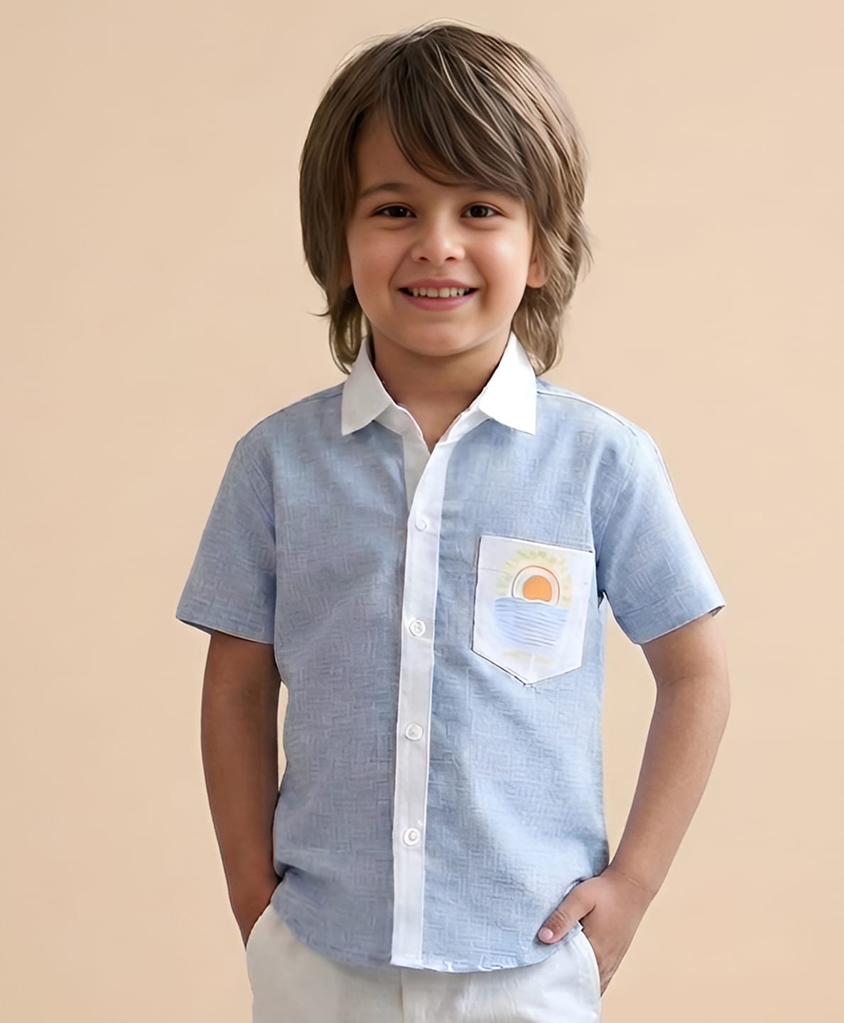 Polka Tots Cotton Woven Half Sleeves Sun Printed Shirt - Blue-image-7
