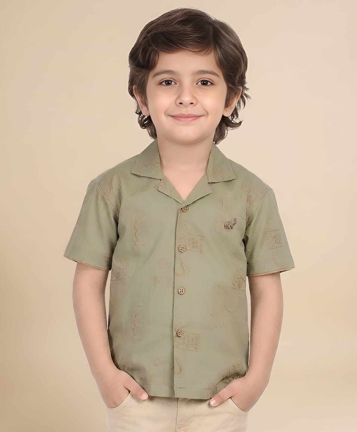 Polka Tots Cotton Woven Shirt Half Sleeves Abstract Embroidered Shirt - Olive Green-image-4