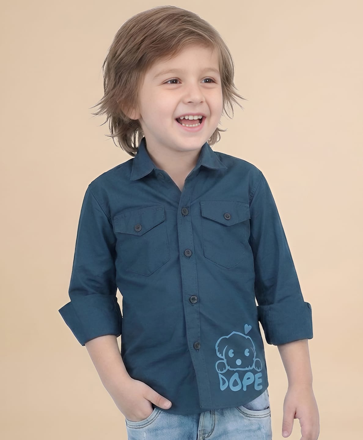 Polka Tots Cotton Woven Full Sleeves Dope Text & Animal Printed Shirt - Dark Blue-image-40