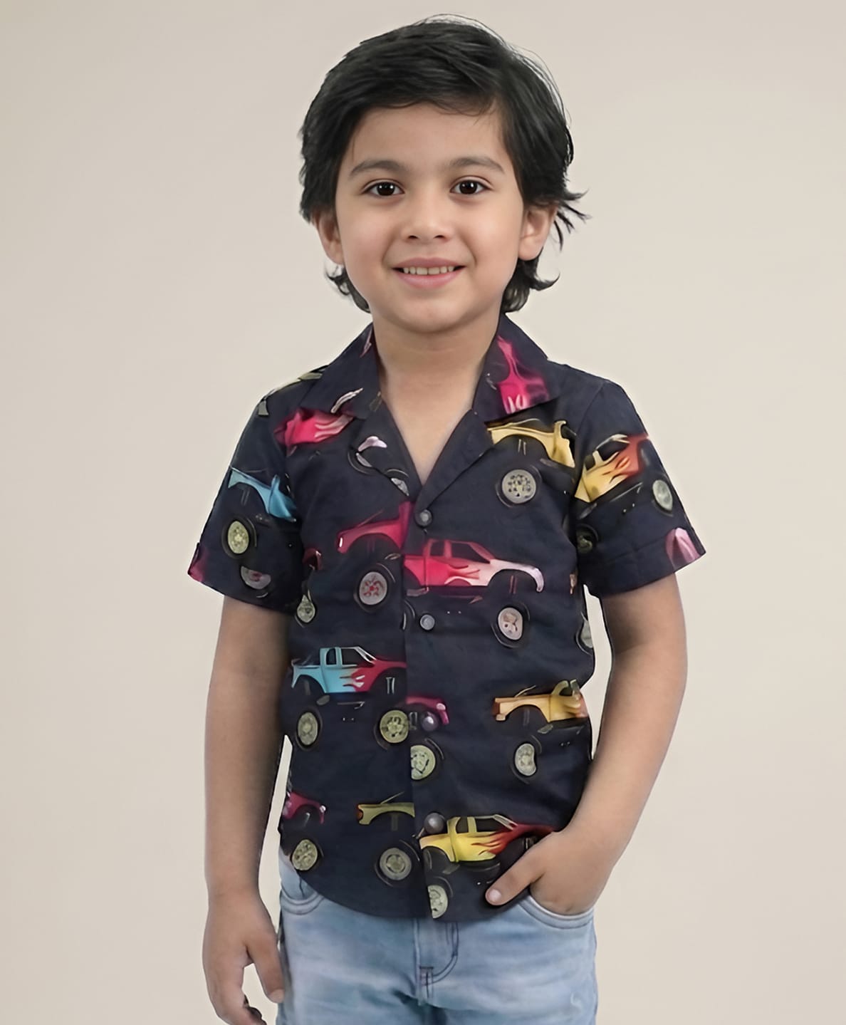 Polka Tots Cotton Woven Half Sleeves Monster Truck Printed Shirt - Black-image-30