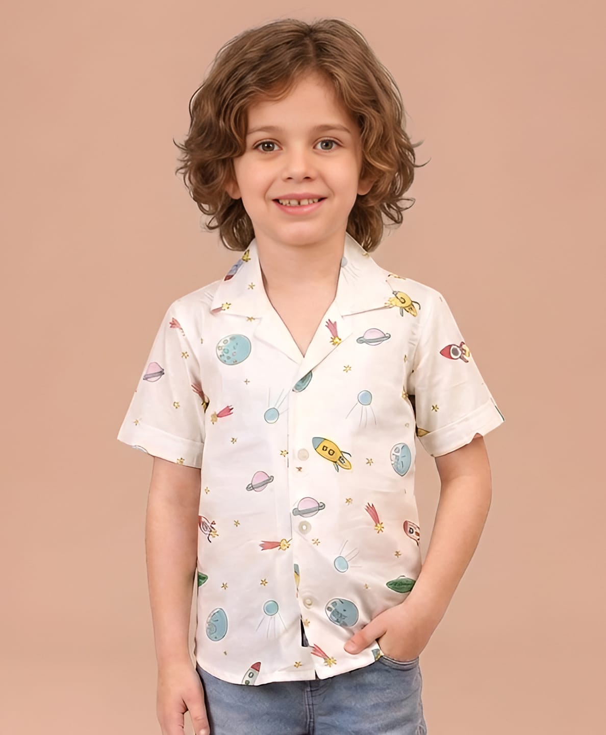 Polka Tots Cotton Woven Half Sleeves Space Theme Printed Shirt - Beige-picture-42