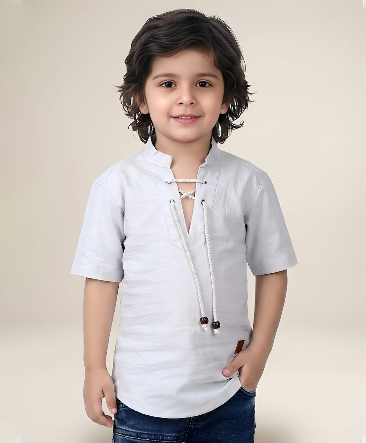 Polka Tots Cotton Woven Half Sleeves Solid Short Kurta - Light Grey-picture-18