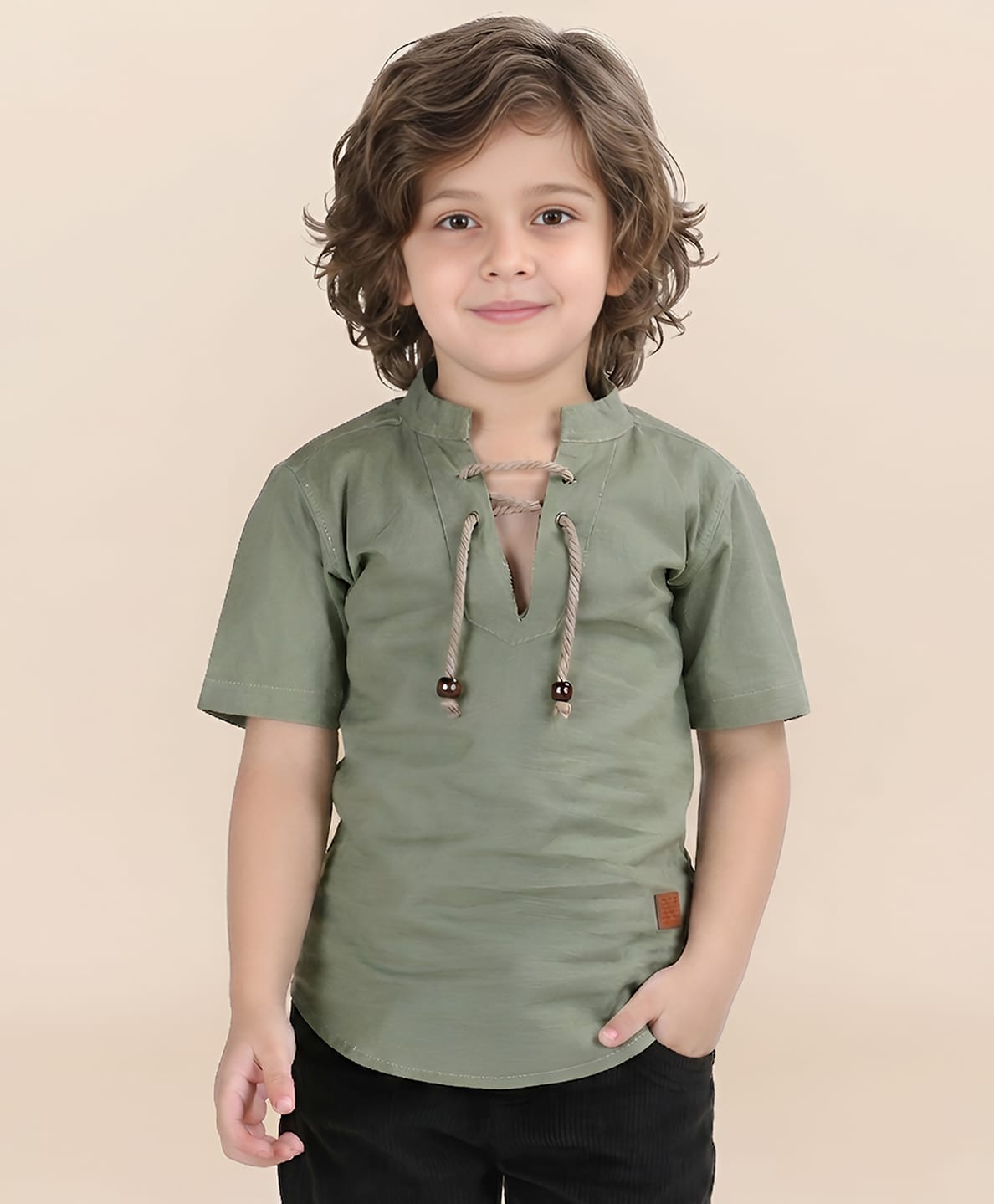 Polka Tots Cotton Woven Half Sleeves Solid Short Kurta - Olive Green-image-8