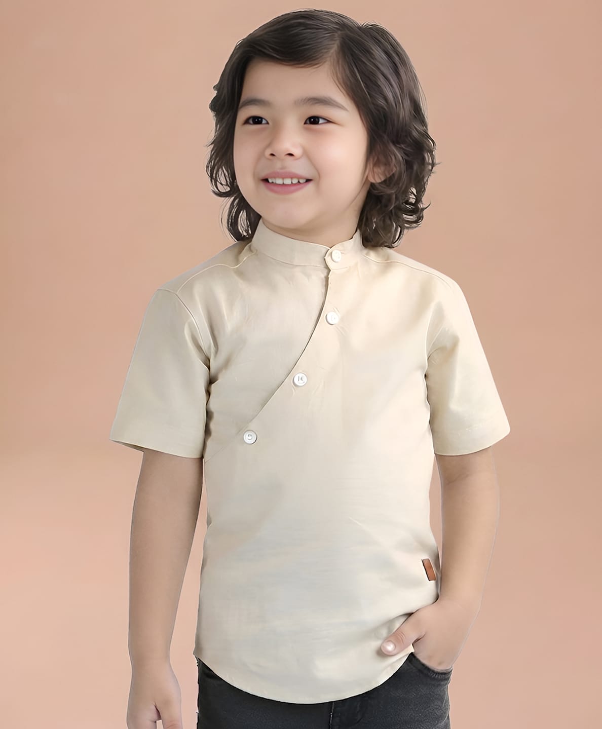Polka Tots Cotton Woven Half Sleeves Solid Short Kurta - Cream-picture-27