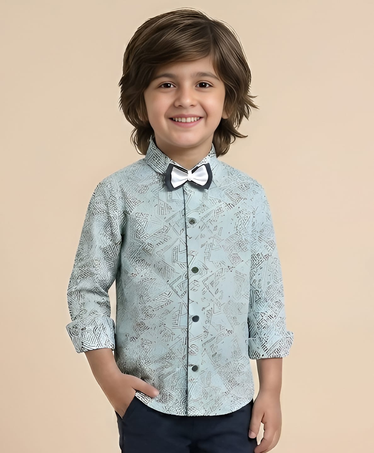 Polka Tots Cotton Woven Full Sleeves Abstract Printed Shirt With Bow - Turquoise-picture-19