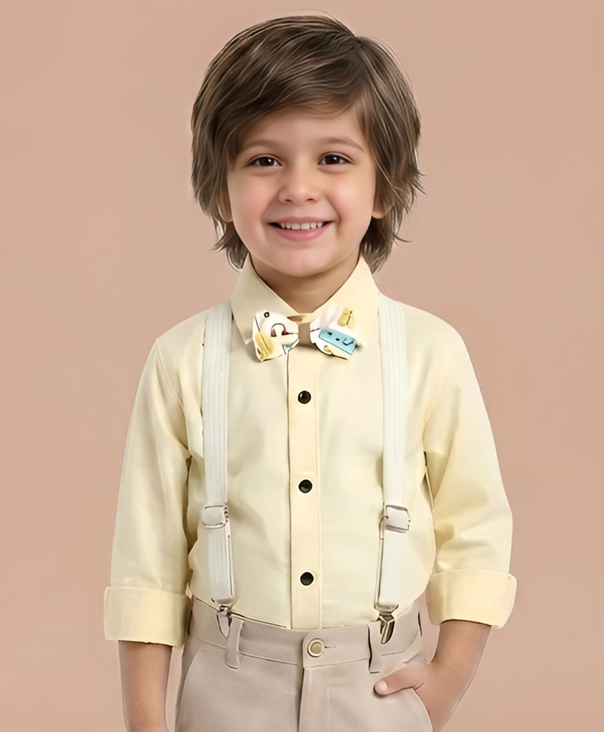 Polka Tots Cotton Woven Full Sleeves Solid Shirt With Bow & Suspender - Yellow-picture-27