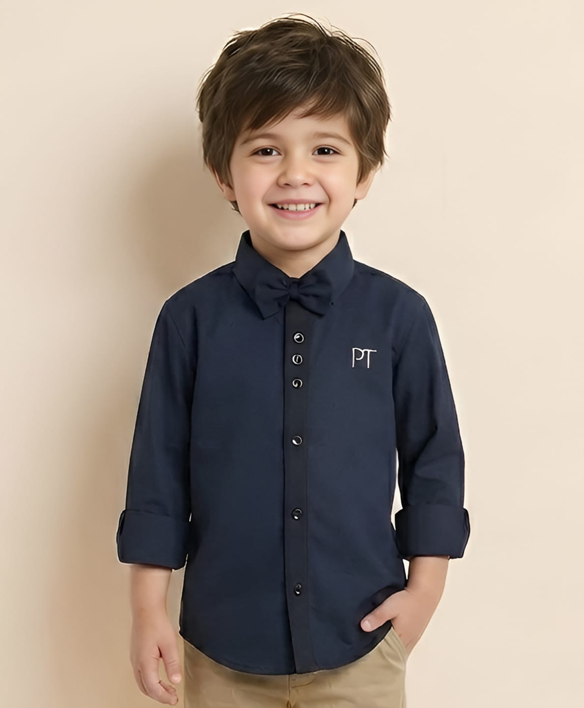 Polka Tots Cotton Woven Full Sleeves Solid Shirt With Bow - Dark Blue-picture-18