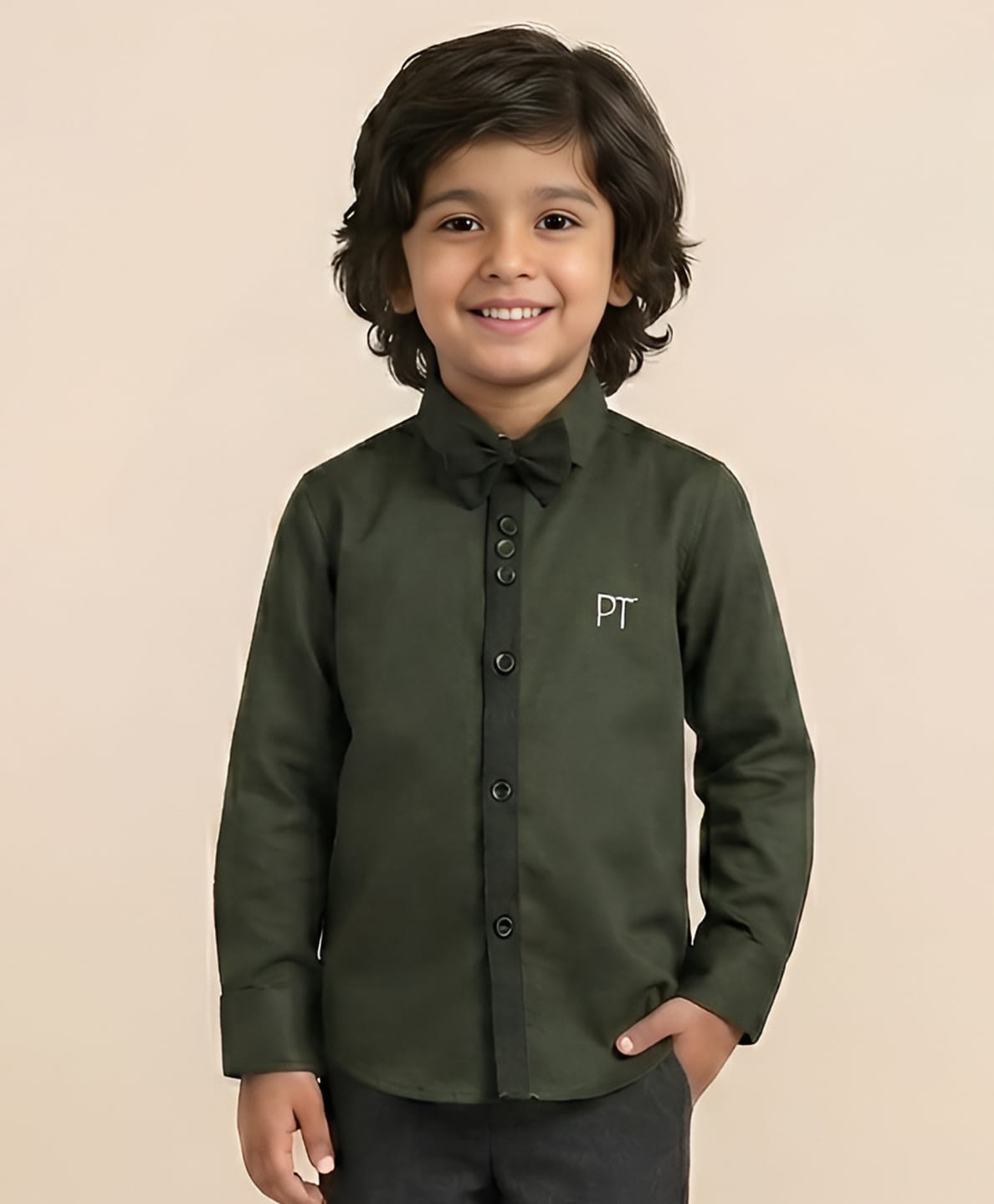 Polka Tots Cotton Woven Full Sleeves Solid Shirt With Bow - Olive Green-picture-20