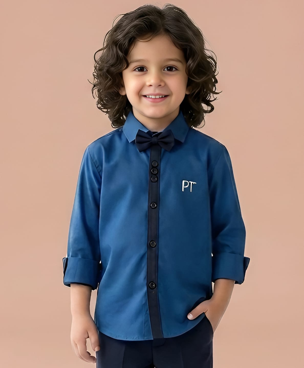 Polka Tots Cotton Woven Full Sleeves Solid Shirt With Bow - Royal Blue-picture-19