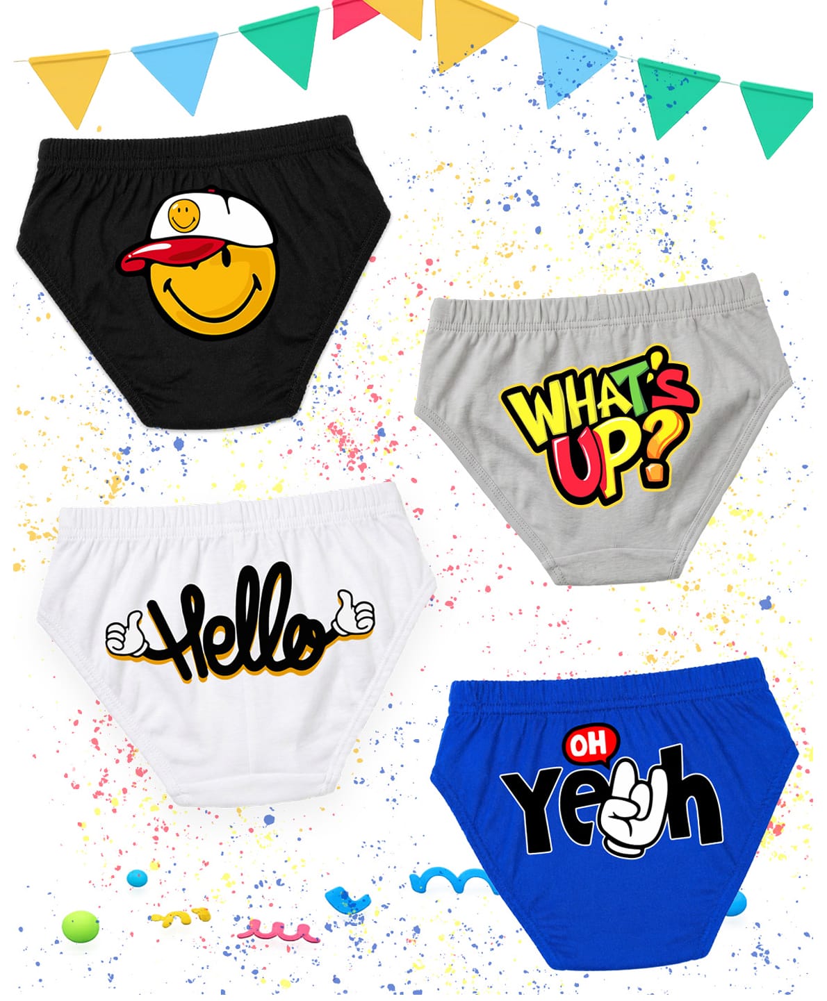 NUSYL 100% Cotton Knit Pack Of 4 Smiley & Hello Text Printed Briefs - White Grey Black & Royal Blue-image-5