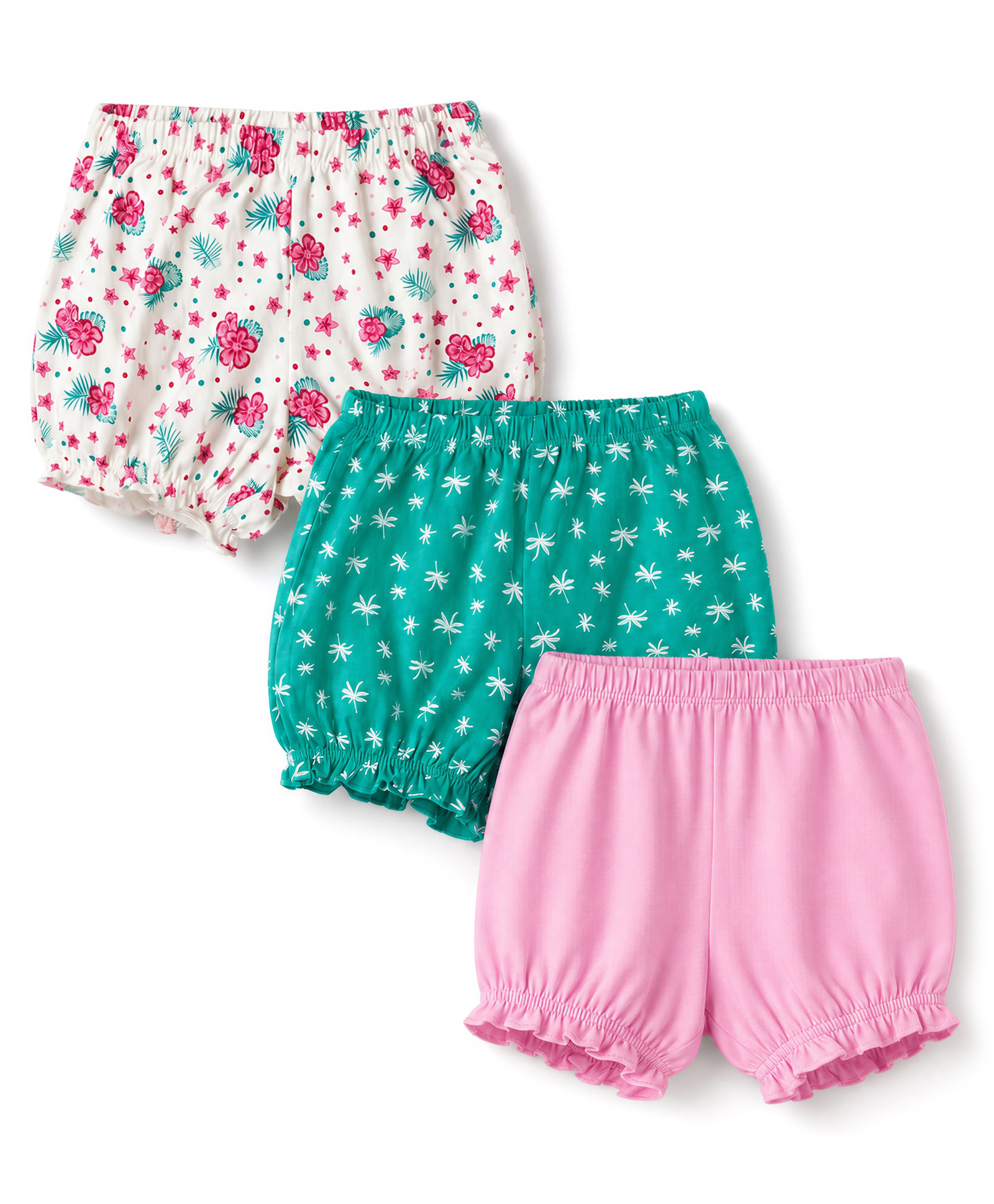 Pine Kids Cotton Elastane Knit Floral Printed Bloomers Pack of 3 - Pink Green & White-picture-38
