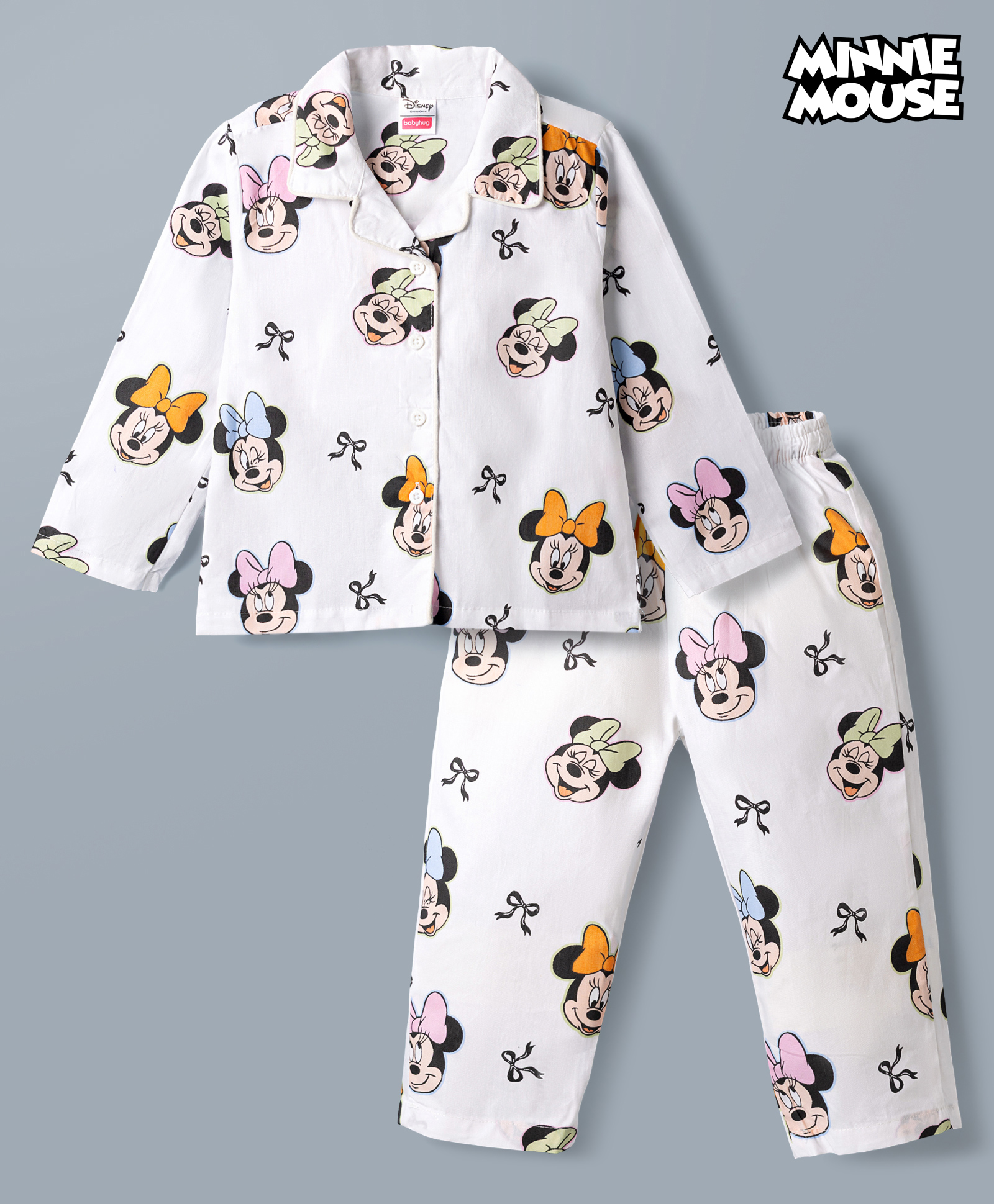 babyhug disney Babyhug Poplin Woven Full Sleeves Co-Ords Shirt & Pyjama Night Suit with Minnie Mouse Print - White-picture-34