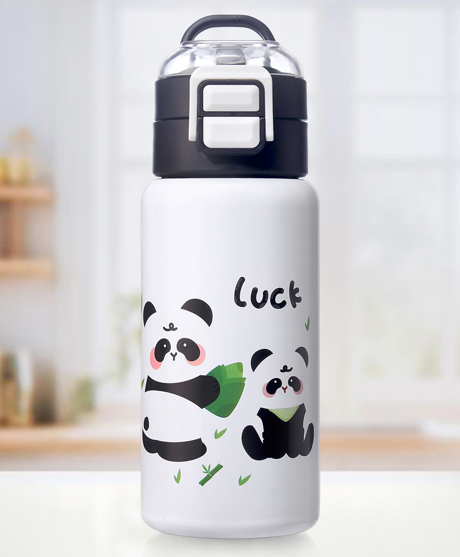 ZOE Stainless Steel Insulated Double wall Panda Printed Sipper Water Bottle White - 420 ml| Straw Sipper & Direct Drinking| Double Cap with Lock| School Water Bottle for Boys & Girls| Ideal for Travel-picture-27