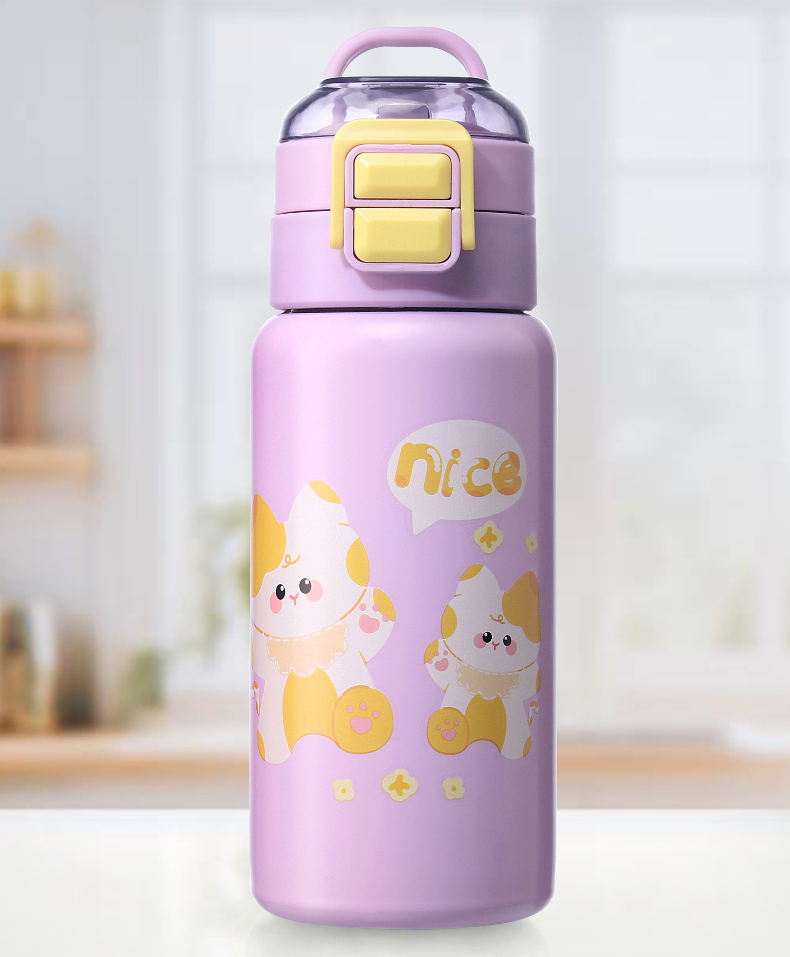 ZOE Stainless Steel Insulated Double Wall Kitty Printed Sipper Water Bottle Lavender- 420 ml|Straw Sipper & Direct Drinking| Double Cap with Lock|School Water Bottle for Boys & Girls| Ideal for Travel-image-38