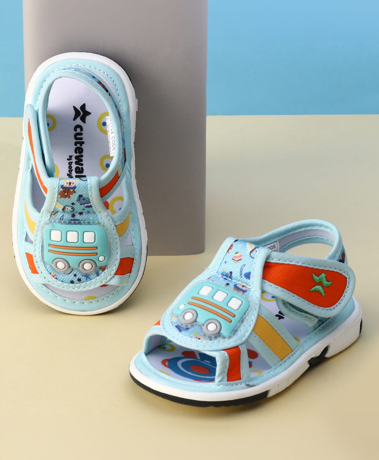 Cute Walk by Babyhug Velcro Closure Printed Musical Sandal With Vehicles Applique - Light Blue-image-45