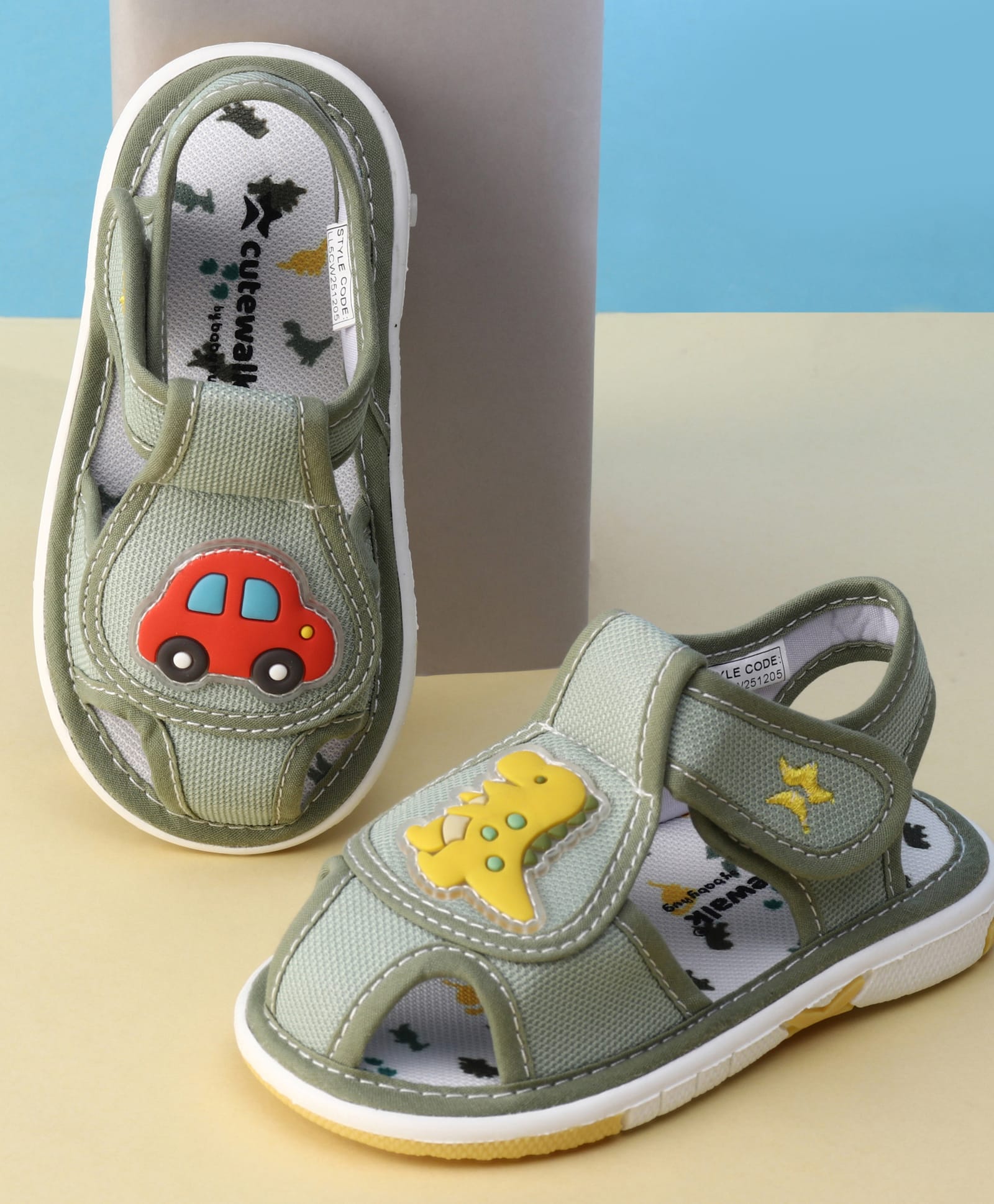 Cute Walk by Babyhug Velcro Closure Printed Musical Sandal With Vehicles & Dino Applique - Olive Green-image-20