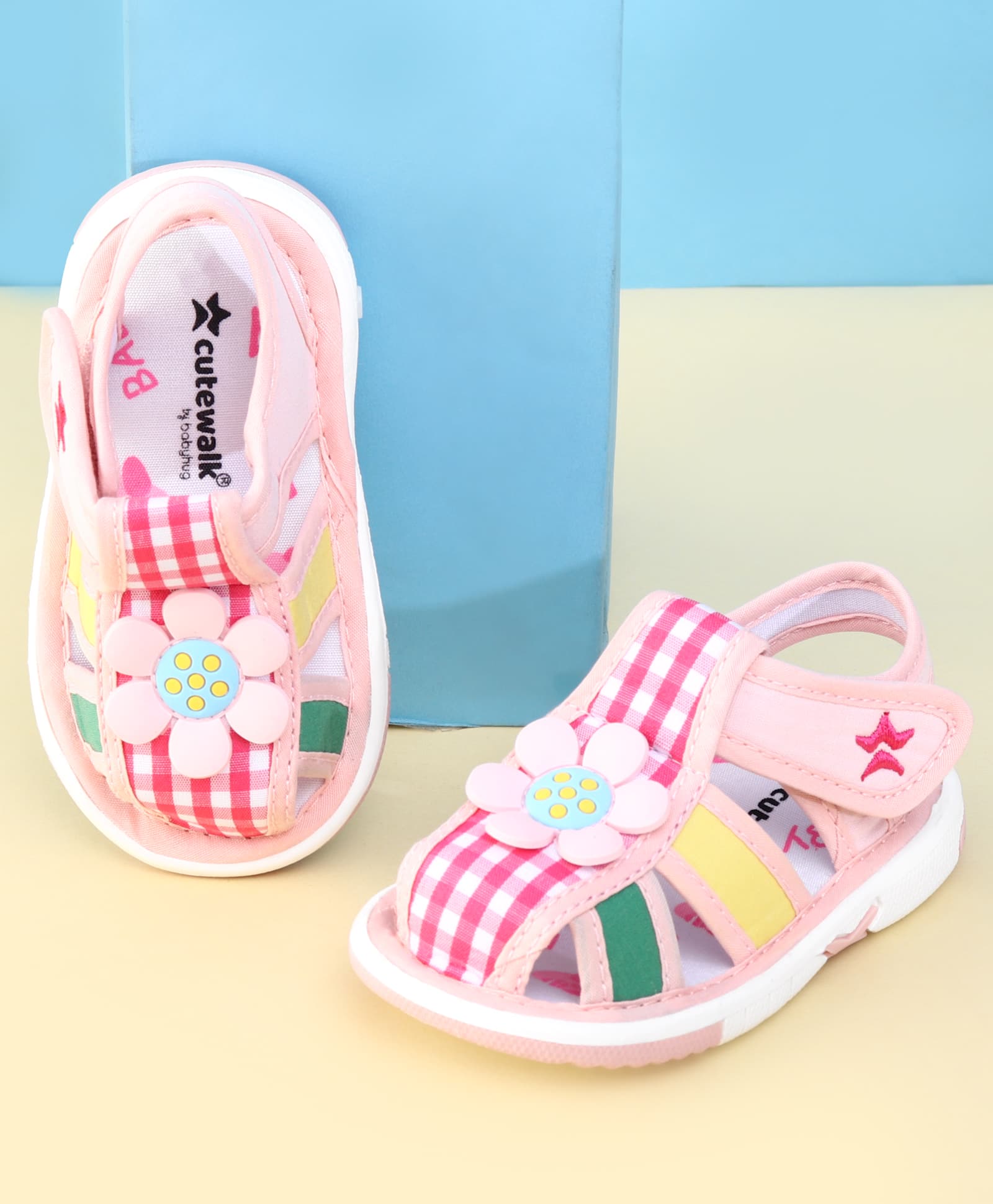 Cute Walk by Babyhug Velcro Closure Musical Sandal With Floral Applique & Checks - Pink-image-3