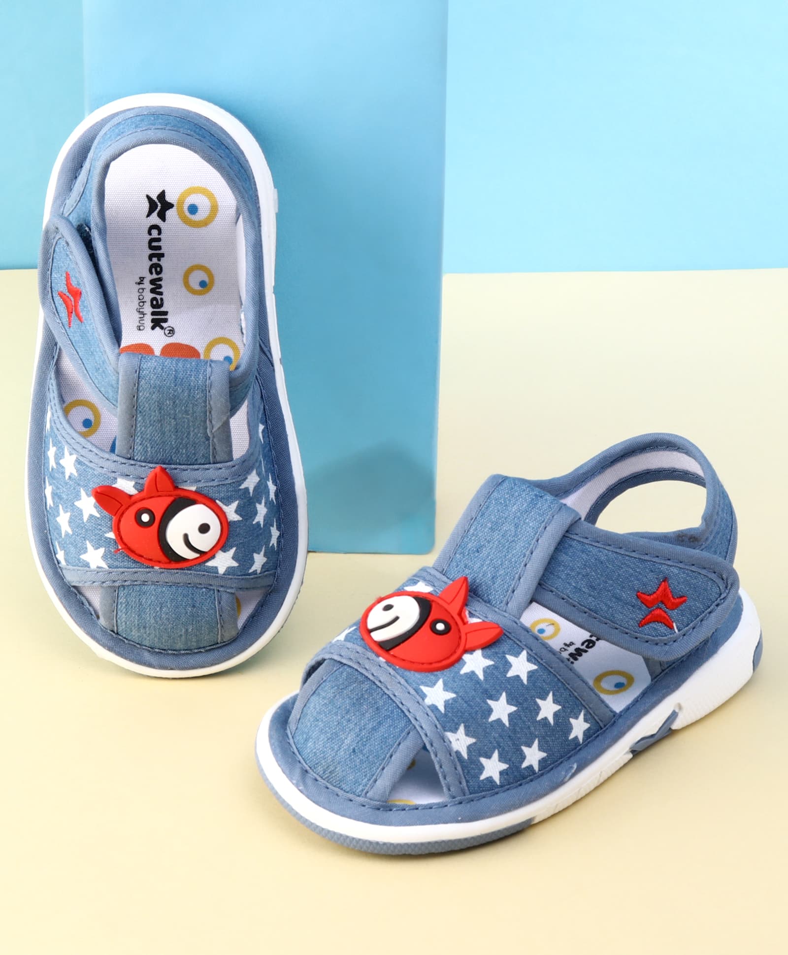 Cute Walk by Babyhug Velcro Closure Musical Sandal With Star Print & Fish Applique - Blue-image-46