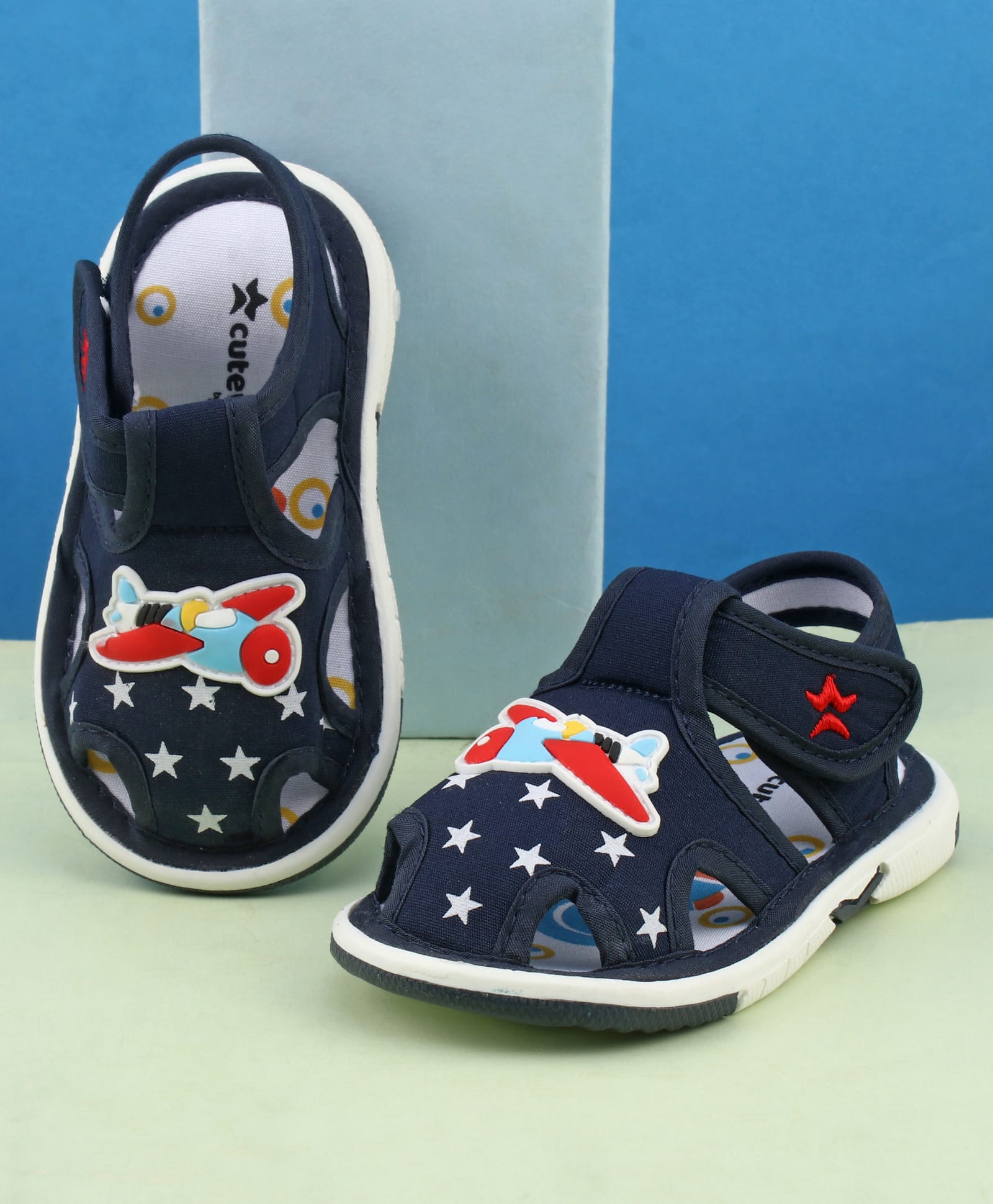 Cute Walk by Babyhug Velcro Closure Musical Sandal With Star Print & Aeroplane Applique - Navy Blue-picture-13