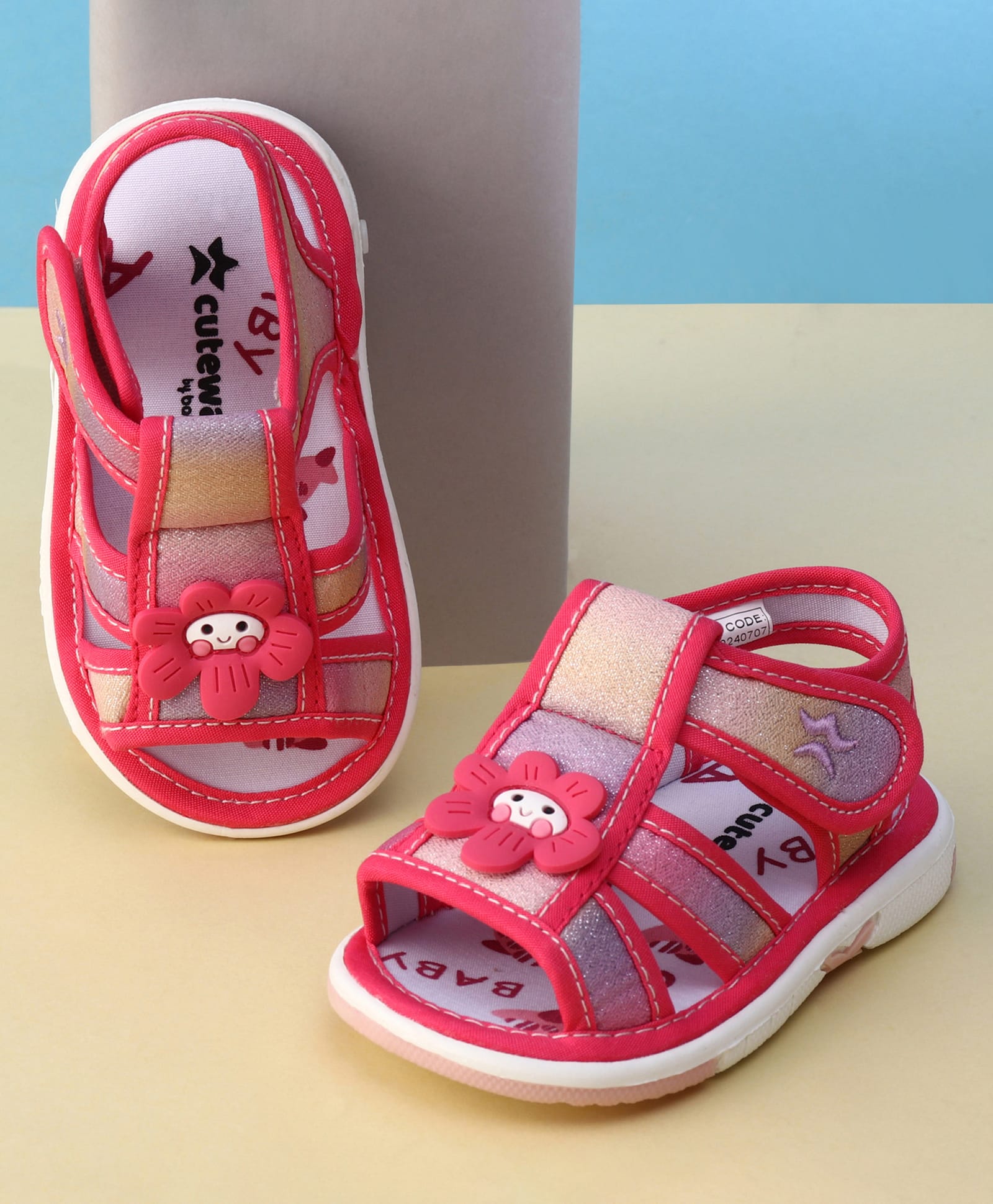 Cute Walk by Babyhug Velcro Closure Glitter Printed Musical Sandal With Floral Applique - Fuchsia-picture-28
