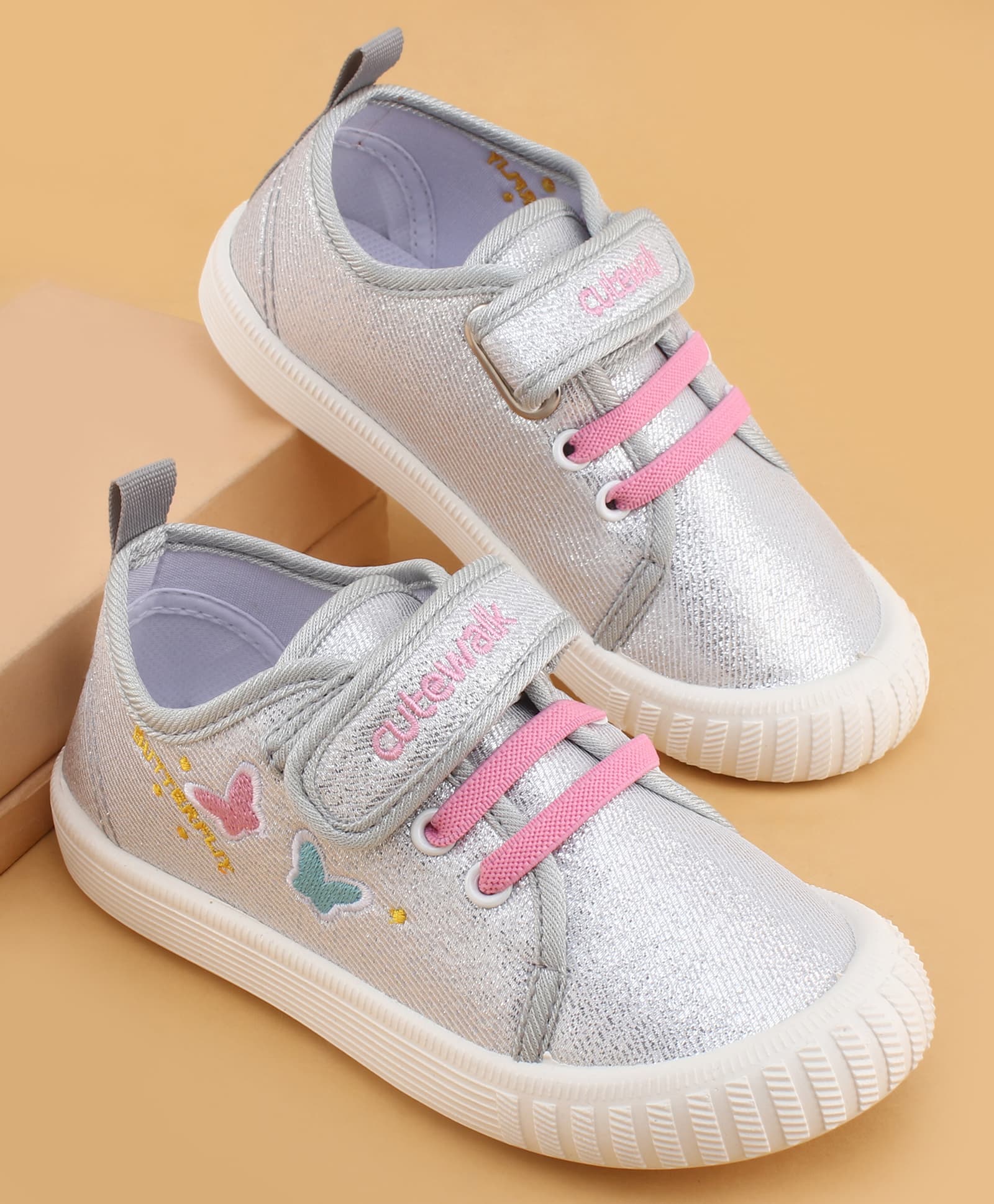 Cute Walk by Babyhug Velcro Closure Casual Shoes With Butterfly Embroidery & Glitter Print - Silver-picture-14