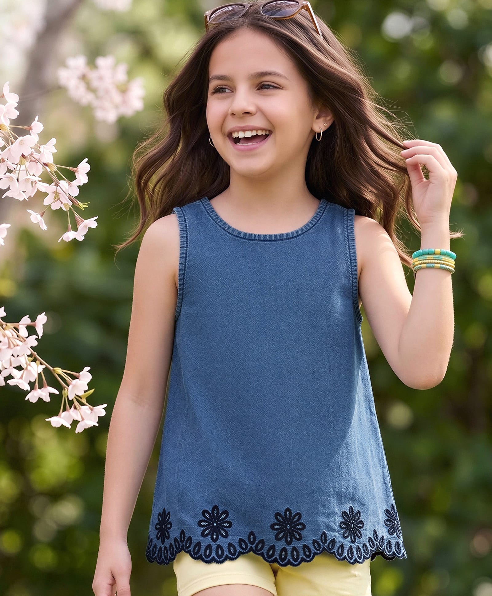 Arias Cotton Woven Denim Washed Sleeveless Top with Floral Embroidery - Blue-image-45