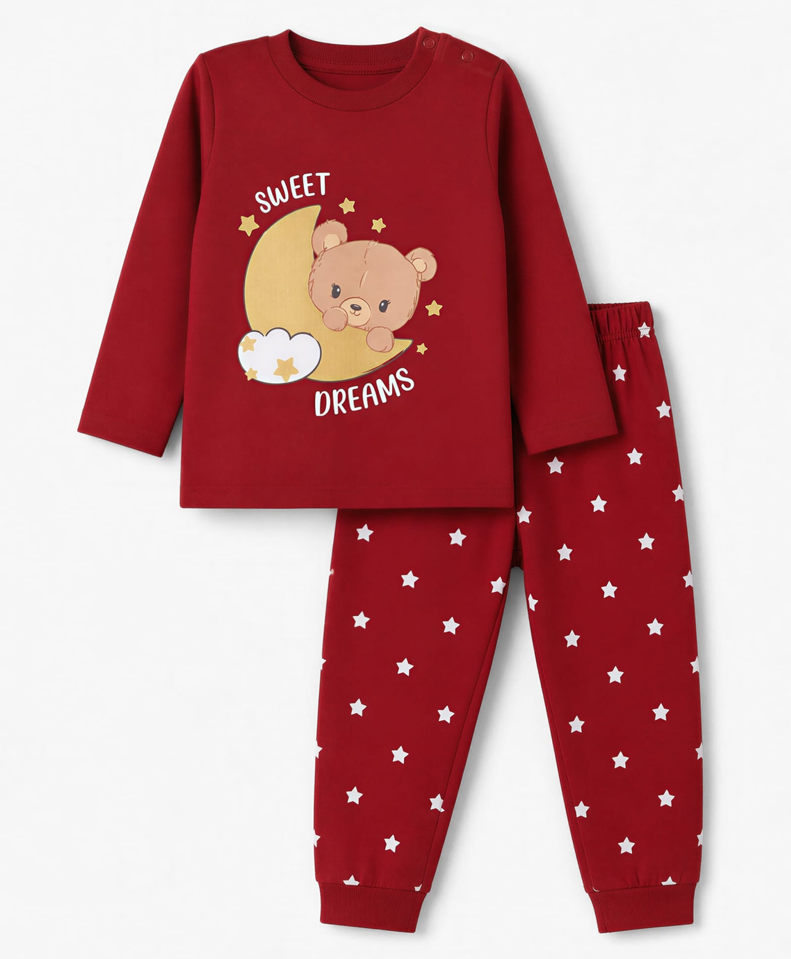 Babyhug Cotton Knit Full Sleeves T-Shirt & Pyjama Night Suit with Bear & Moon Print - Red-image-41