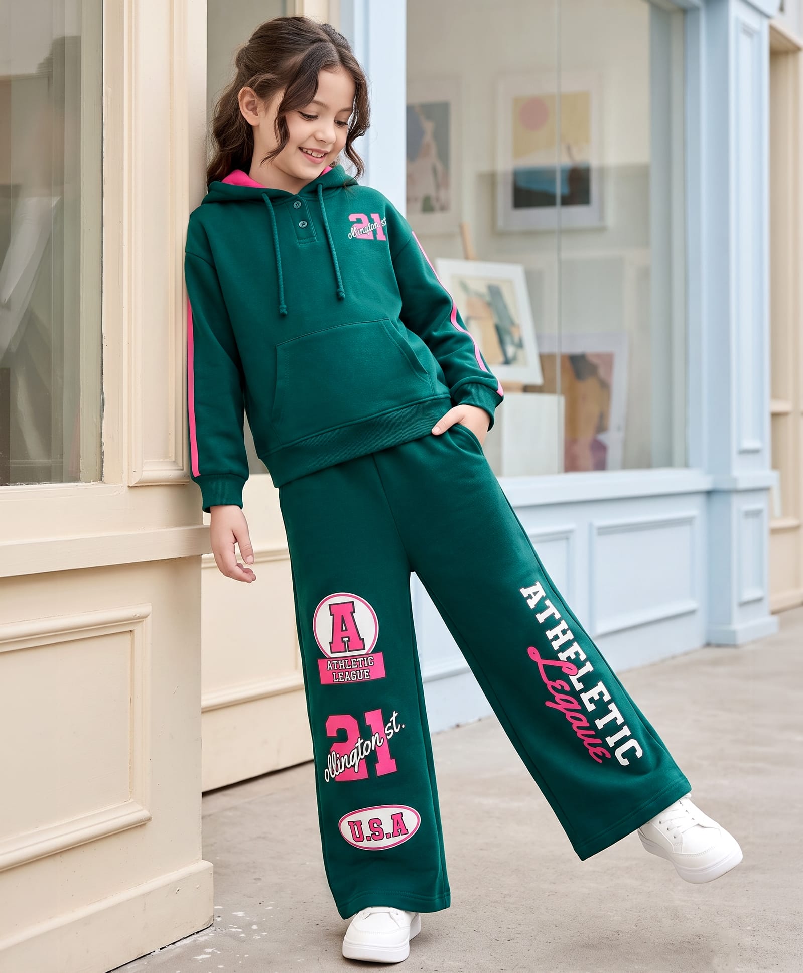 OLLINGTON ST. Set Of Cotton Knit Text Printed Hoodie Winter Wear Sweatshirt & Pant Set - Teal Blue-picture-32