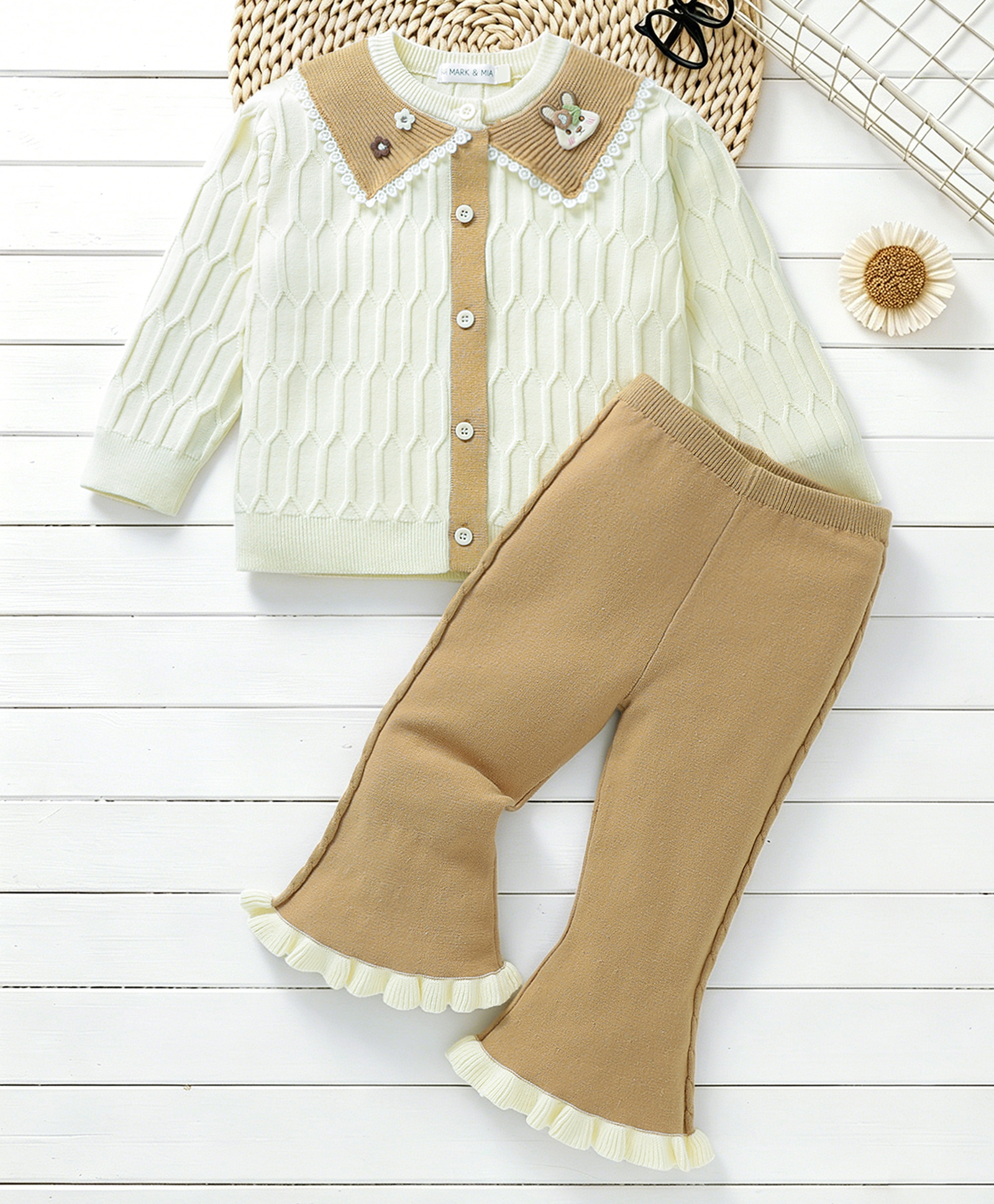 Mark & Mia Cotton Full Sleeves Sweater set with Floral & Bunny Applique - Beige-image-3