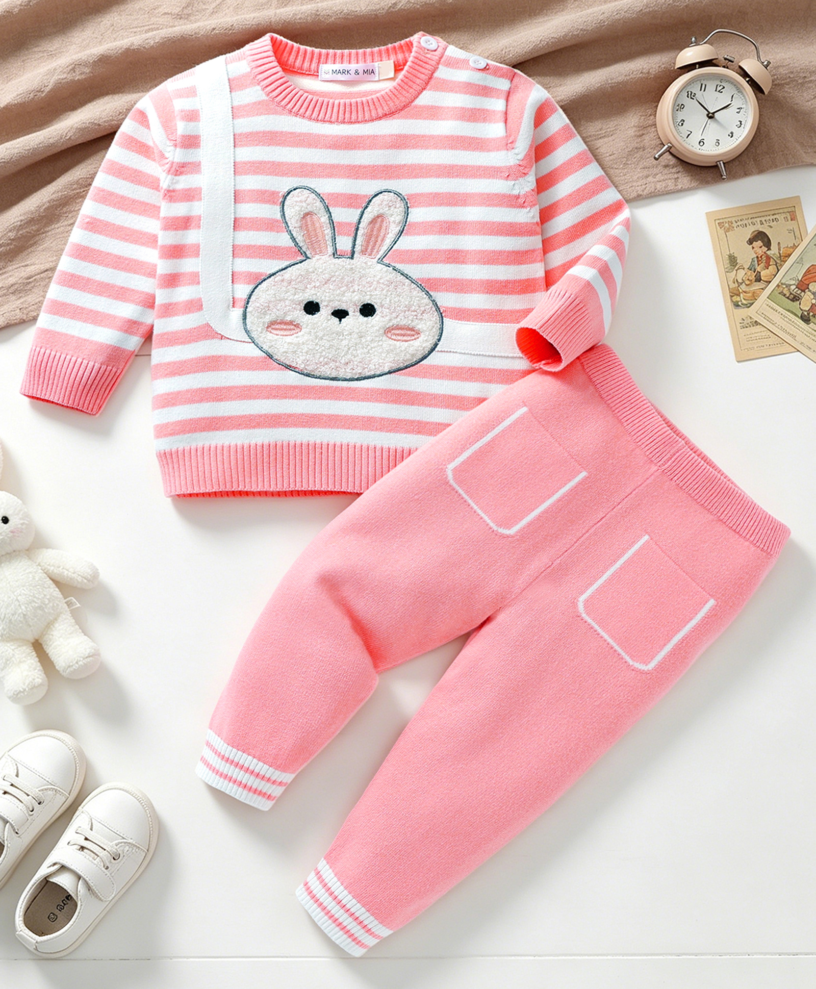 Mark & Mia Cotton Full Sleeves Striped Sweater Set with Bunny Patch - Pink-image-36