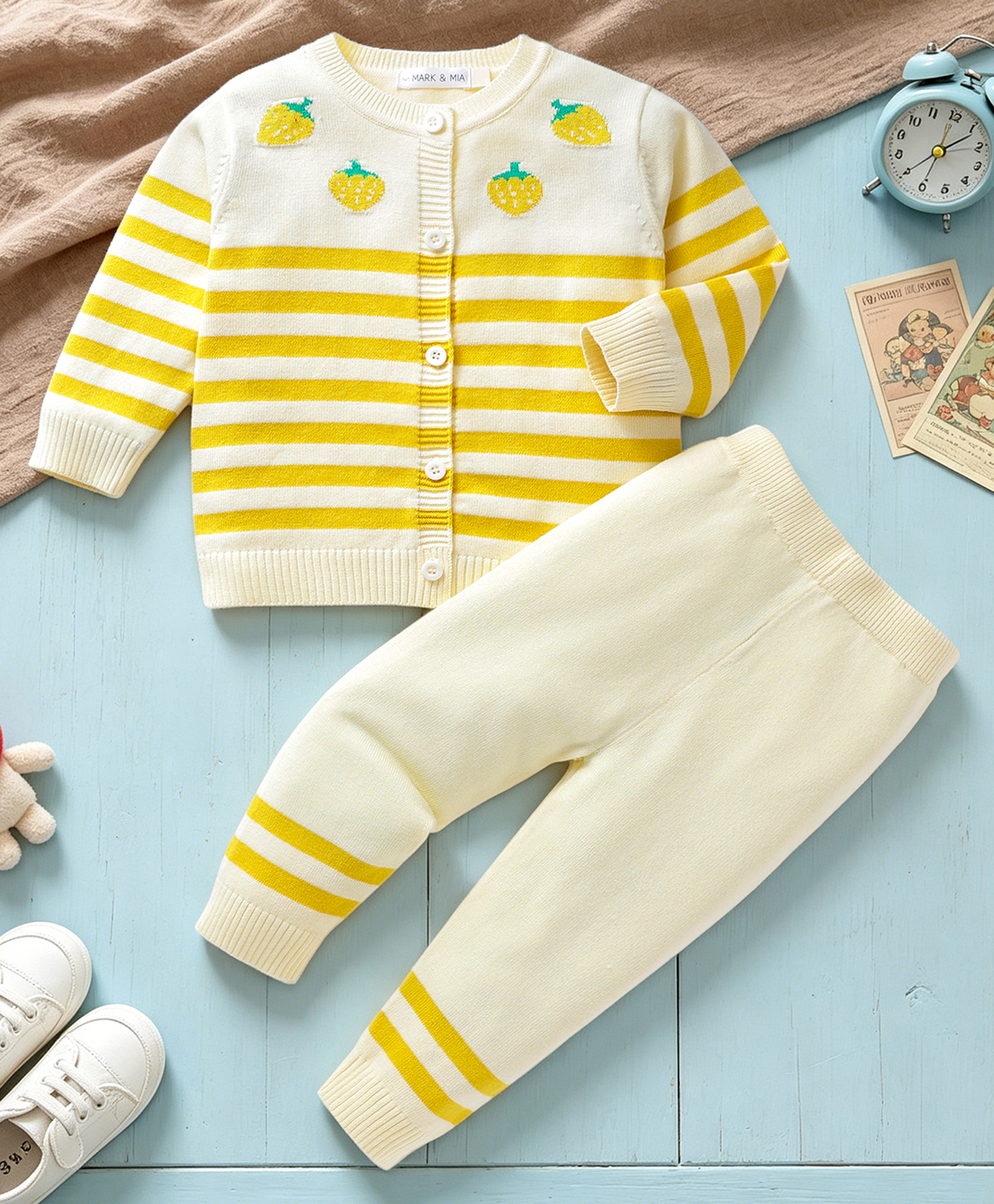 Mark & Mia Cotton Full Sleeves Striped Sweater Set with Strawberry Design - Yellow-picture-17