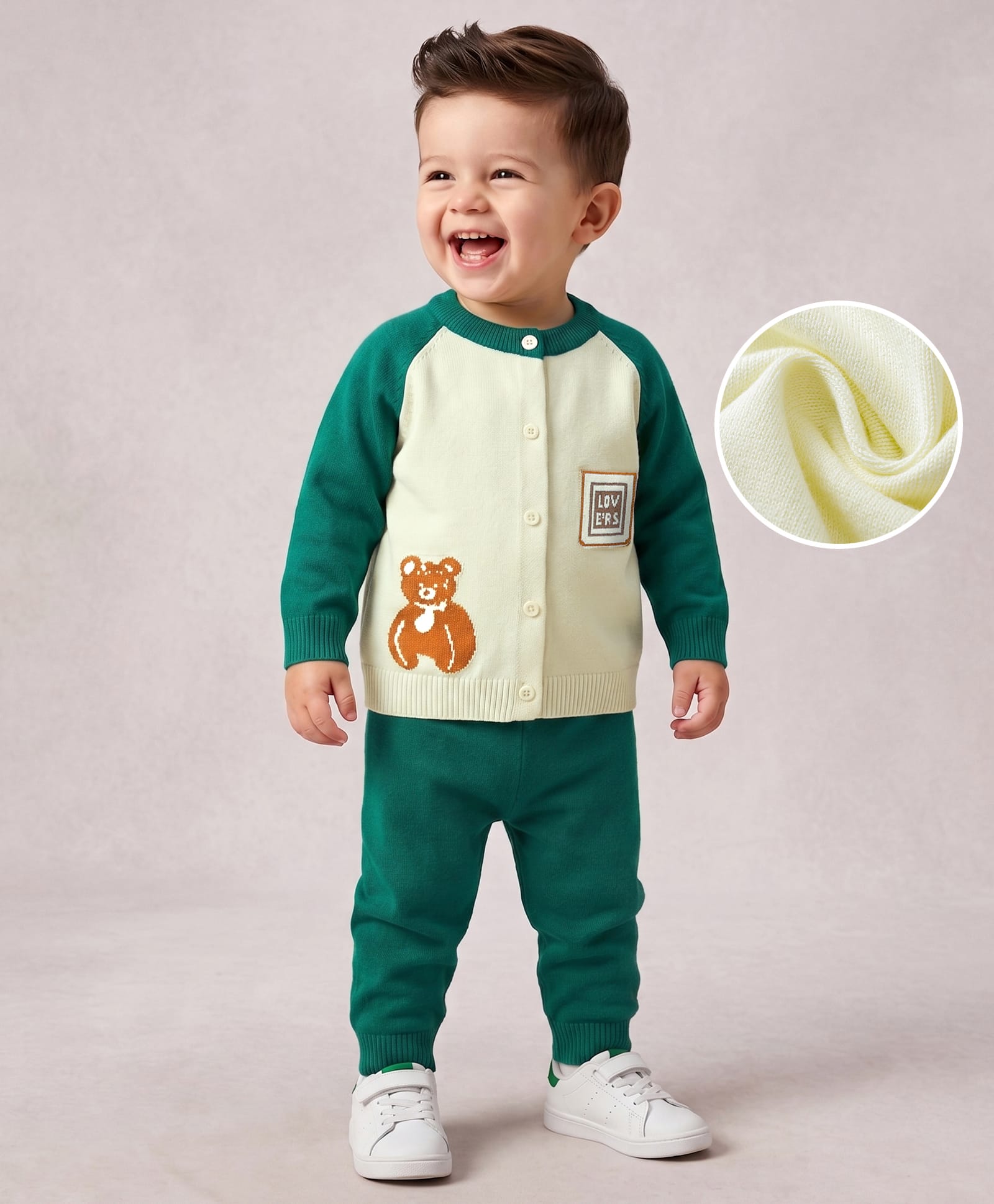 Mark & Mia Cotton Full Sleeves Sweater Set with Bear Design - Green-picture-7