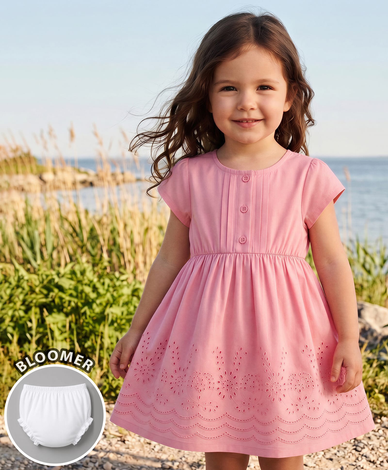 Babyhug Schiffili Woven Half Sleeves Floral Embroidered Frock with Bloomer - Pink-image-18