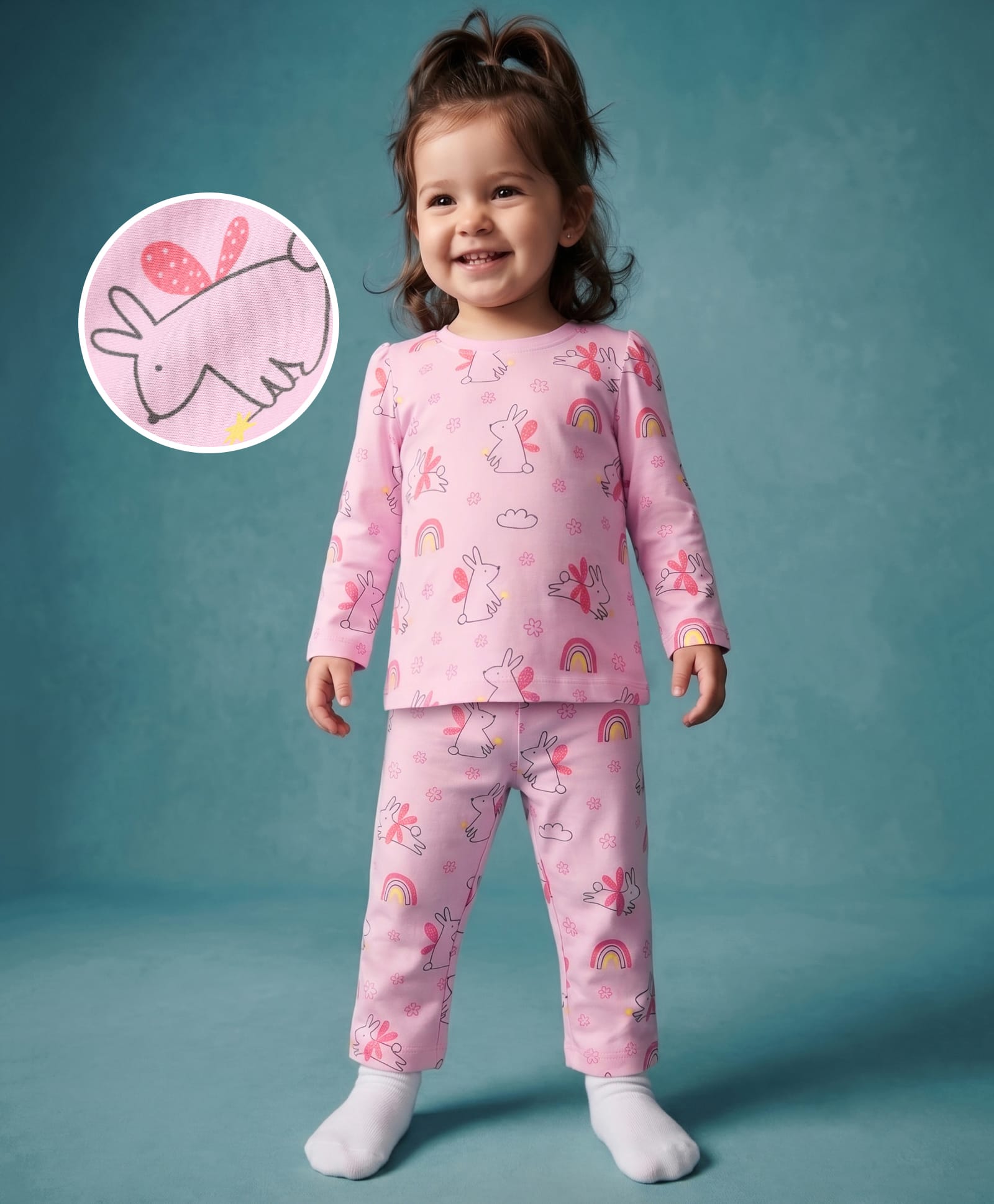 Babyhug Cotton Knit Full Sleeves Co-Ords Top & Pyjama Night Suit with Bunny Rainbow & Floral Print - Pink-picture-38