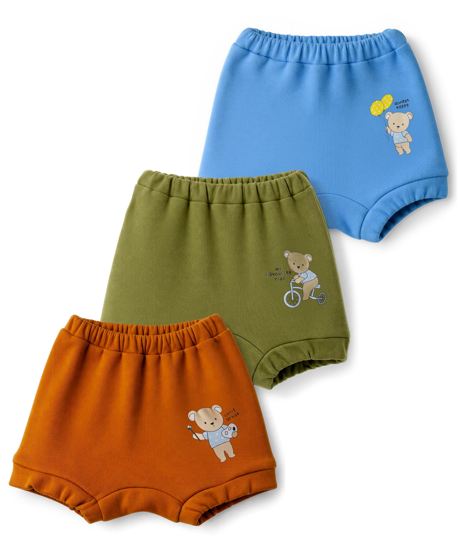 Simply Interlock Knit Bloomers With Teddy Bear Print Pack of 3 - Rust Orange , Olive & Blue-image-38