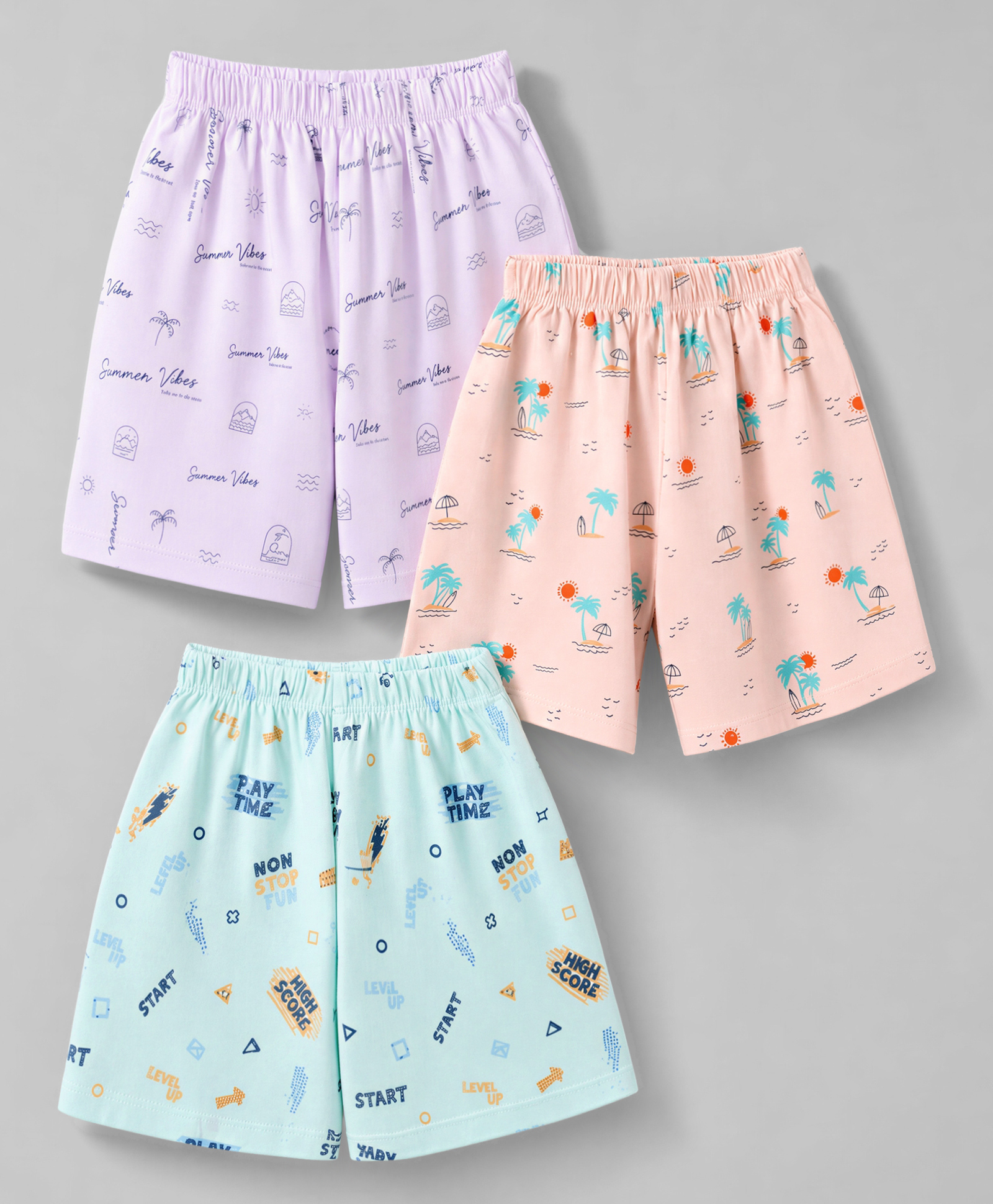 Simply Sinker Knit Knee Length Shorts with Beach & Tropical Theme Print Pack of 3 Mint Peach & Lilac-picture-26