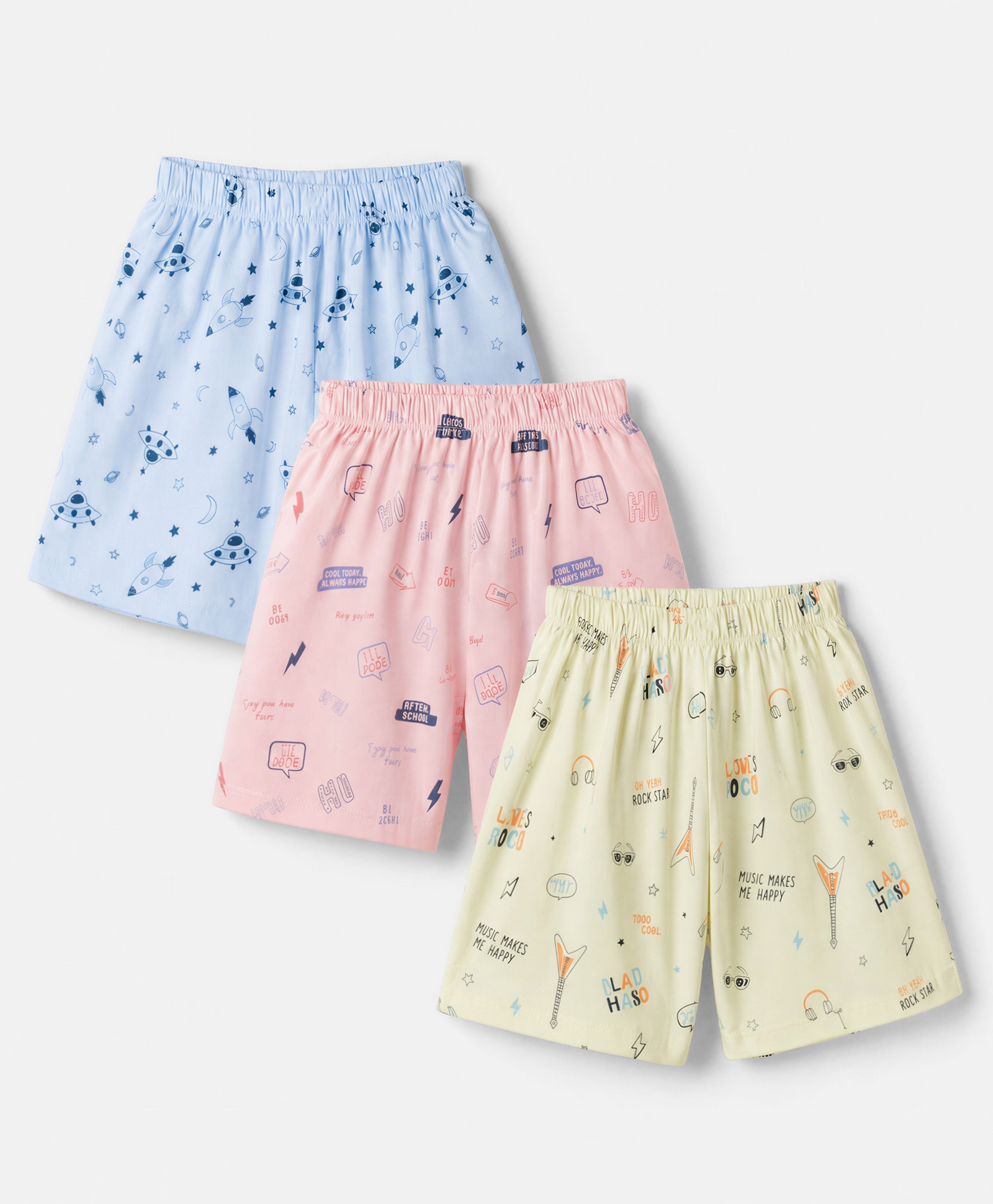 Simply Sinker Knit Knee Length Shorts with Space & Text Print Pack of 3 - Light Yellow Pink & Light Blue-picture-16