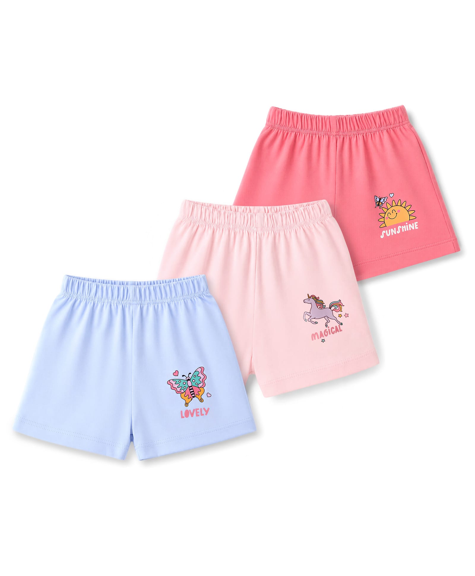 Simply Sinker Knit Knee Length Shorts With Butterfly & Horse Print Pack Of 3 - Pink , Light Blue & Light Pink-picture-25