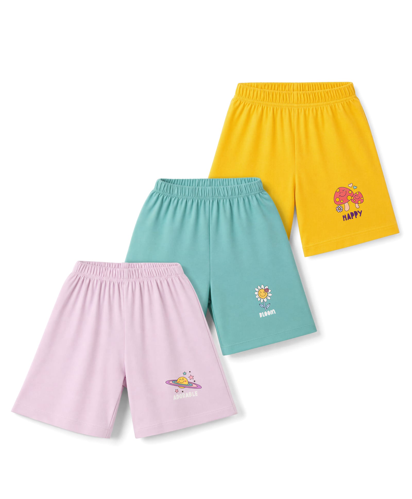 Simply Sinker Knit Knee Length Shorts with Space & Floral Print Pack of 3 - Teal Yellow & Lilac-picture-10