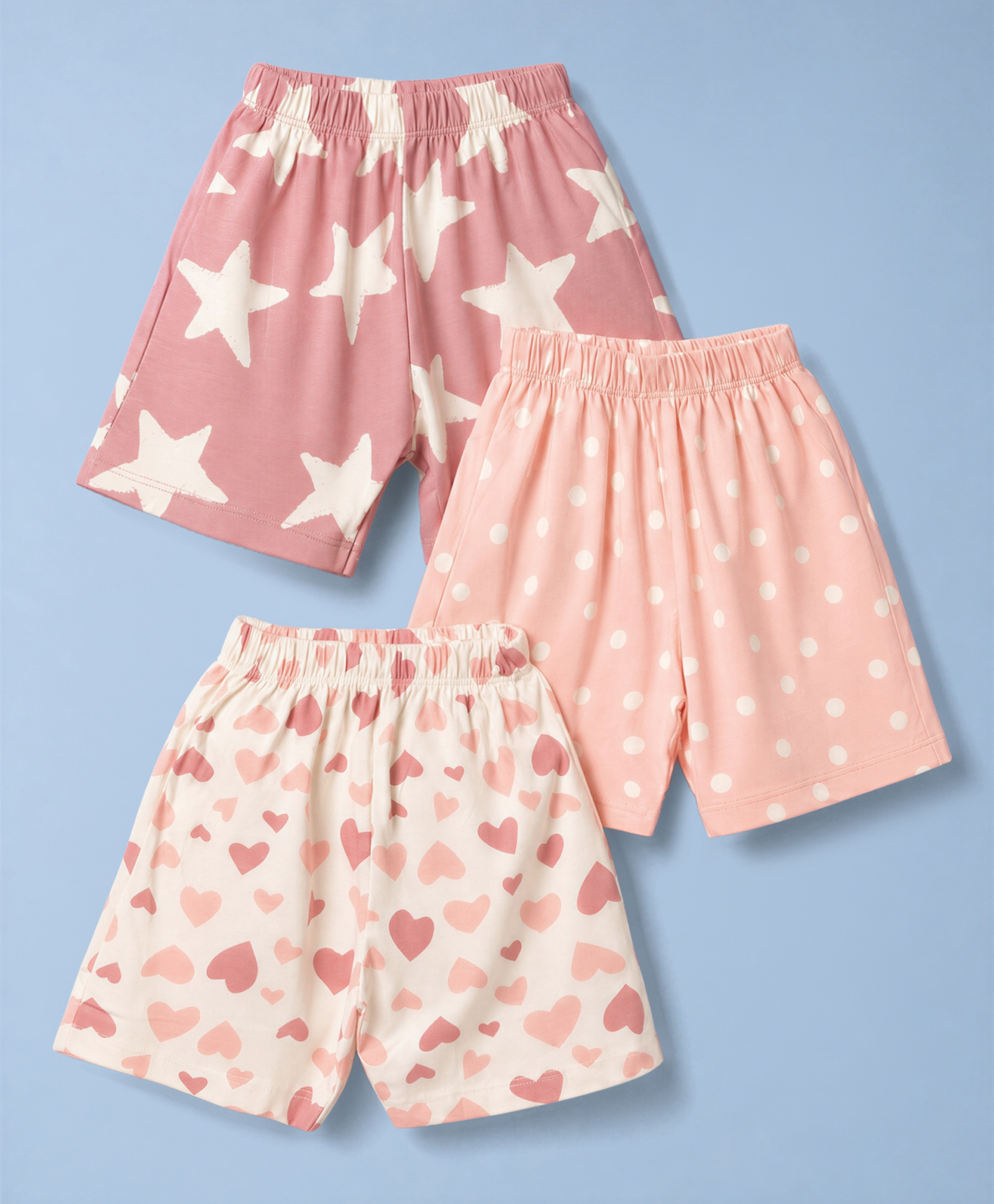 Simply Sinker Knit Knee Length Star Polka Dots & Hearts Printed Shorts Pack Of 3 - Pink & Peach-picture-15