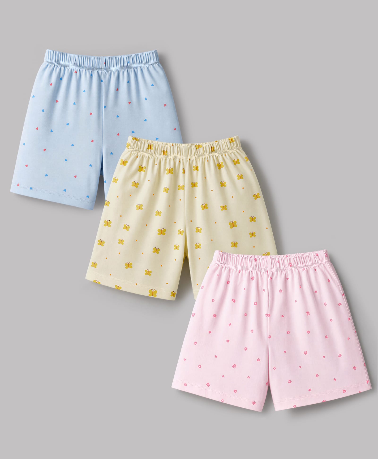 Simply Sinker Knit Knee Length Shorts with Floral Butterfly & Hearts Print Pack of 3 - Light Yellow Pink & Light Blue-image-32